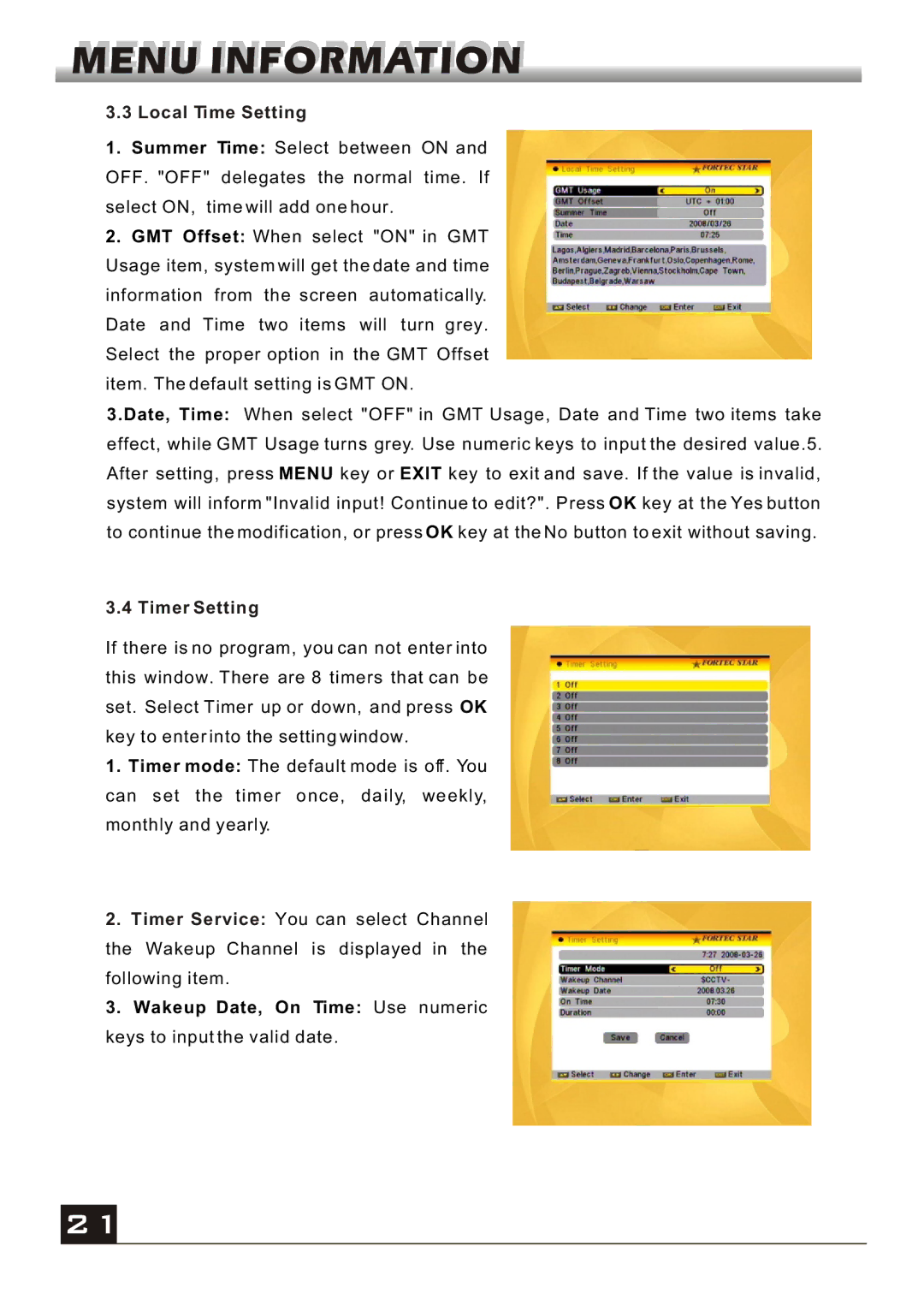 Fortec FS-4300 manual Local Time Setting, Timer Setting 