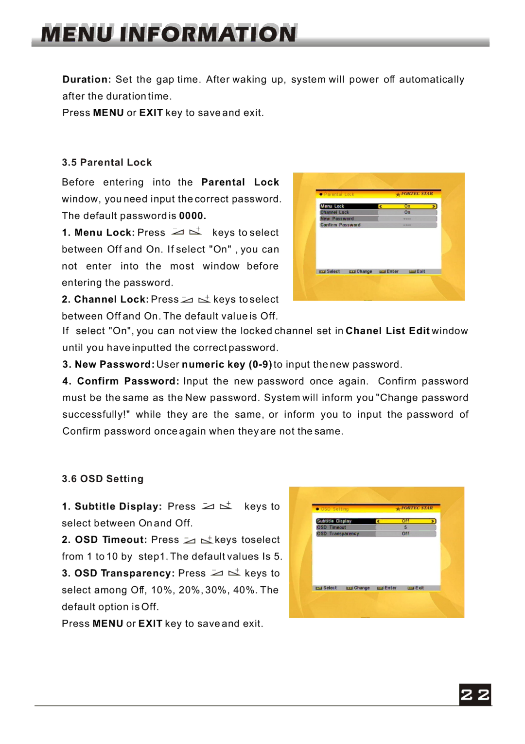 Fortec FS-4300 manual Parental Lock, New Password User numeric key 0-9 to input the new password, OSD Setting 