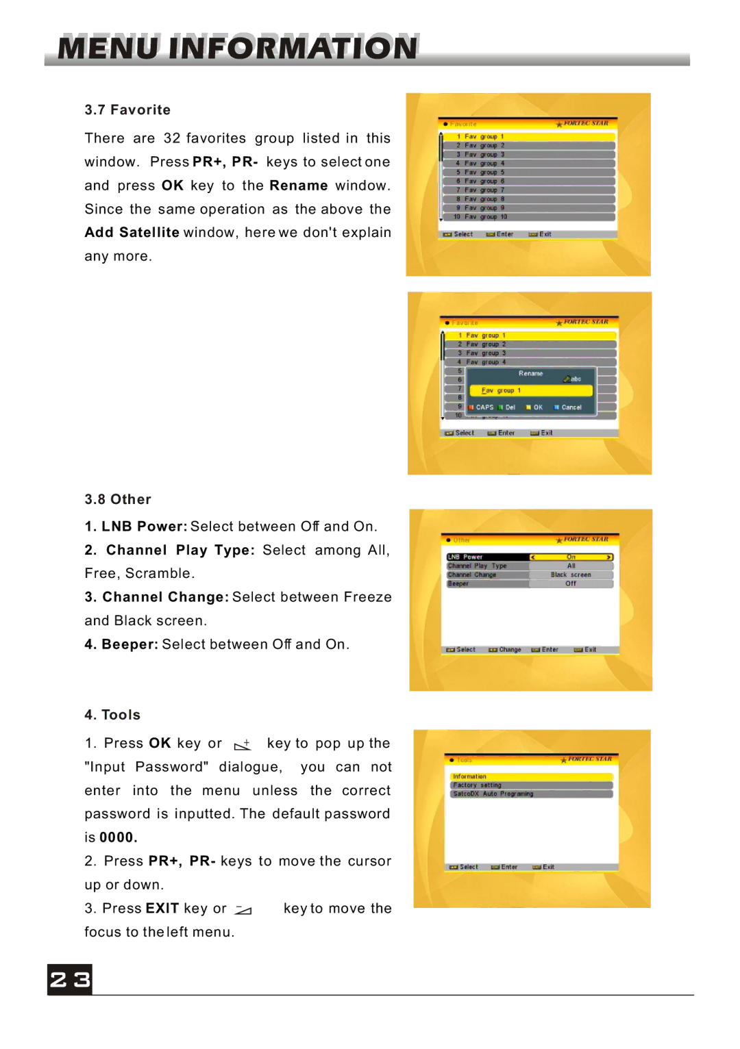 Fortec FS-4300 manual Favorite, Other, Channel Play Type Select among All, Tools 