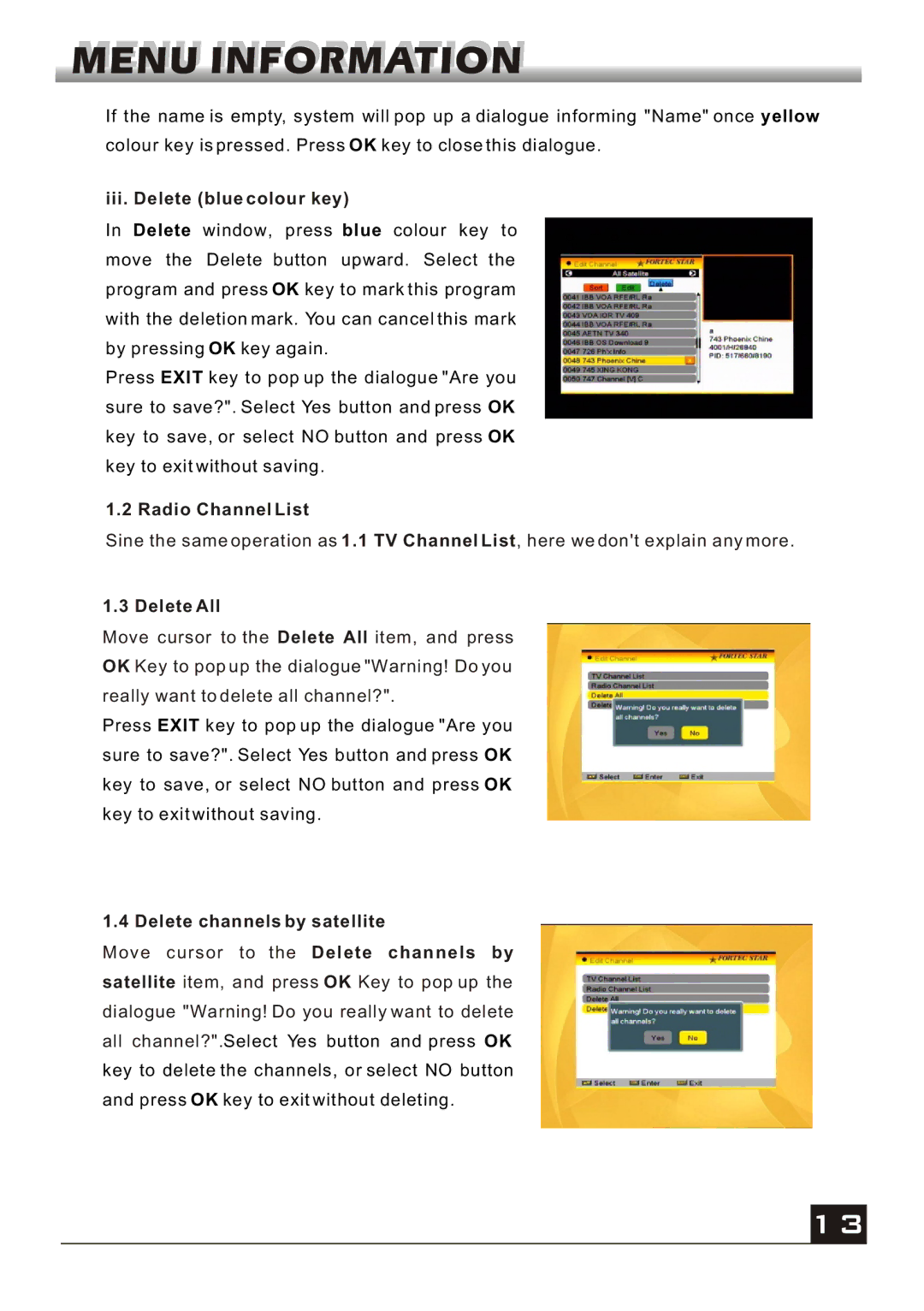 Fortec FS-4400 manual Iii. Delete blue colour key, Radio Channel List, Delete All 