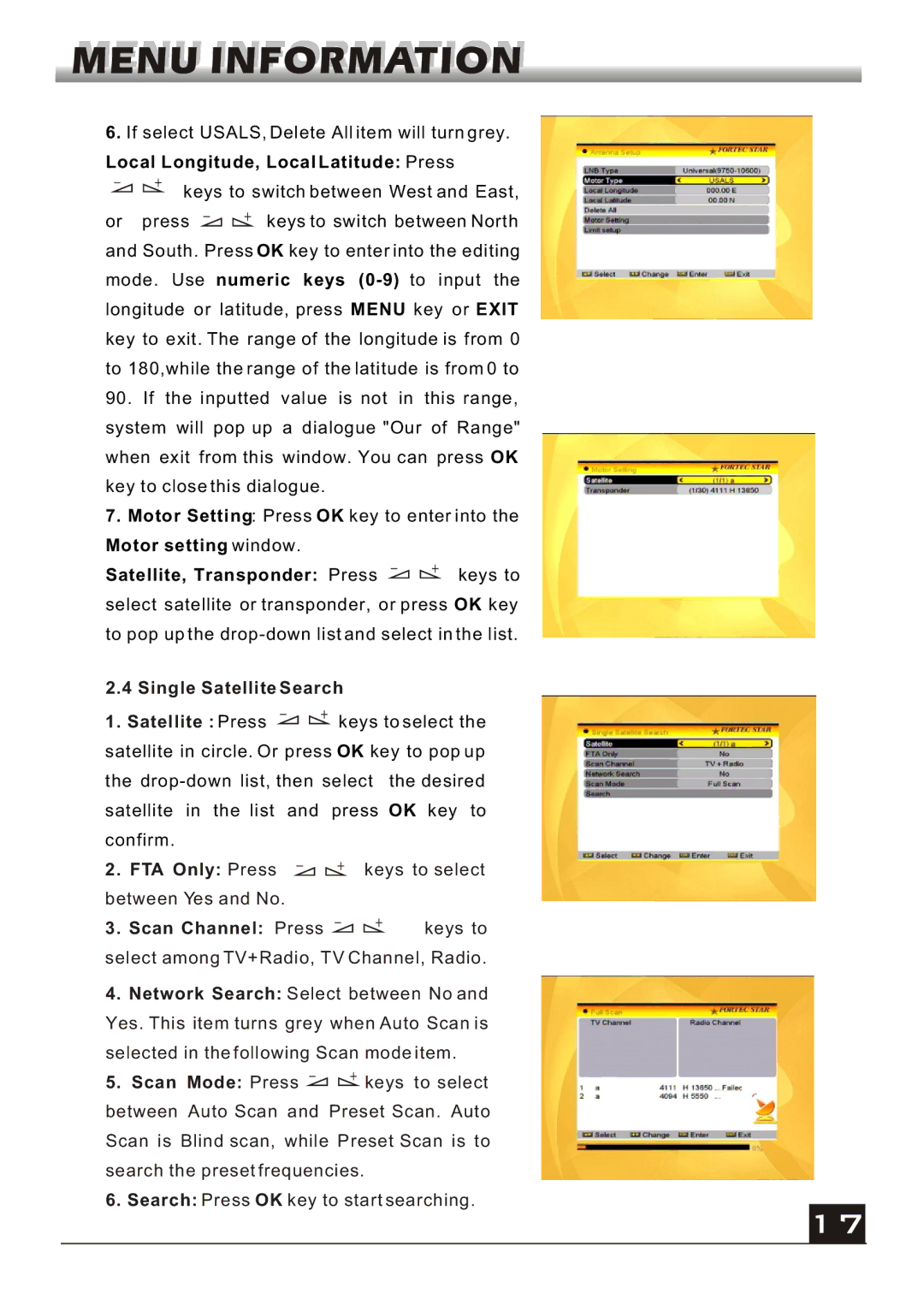 Fortec FS-4400 manual Local Longitude, Local Latitude Press, Single Satellite Search, Scan Channel Press keys to 