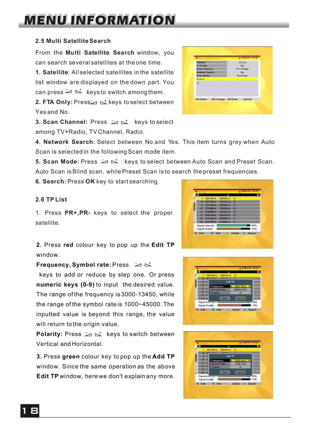 Fortec FS-4400 manual Multi Satellite Search, TP List, Frequency, Symbol rate Press, Polarity Press 