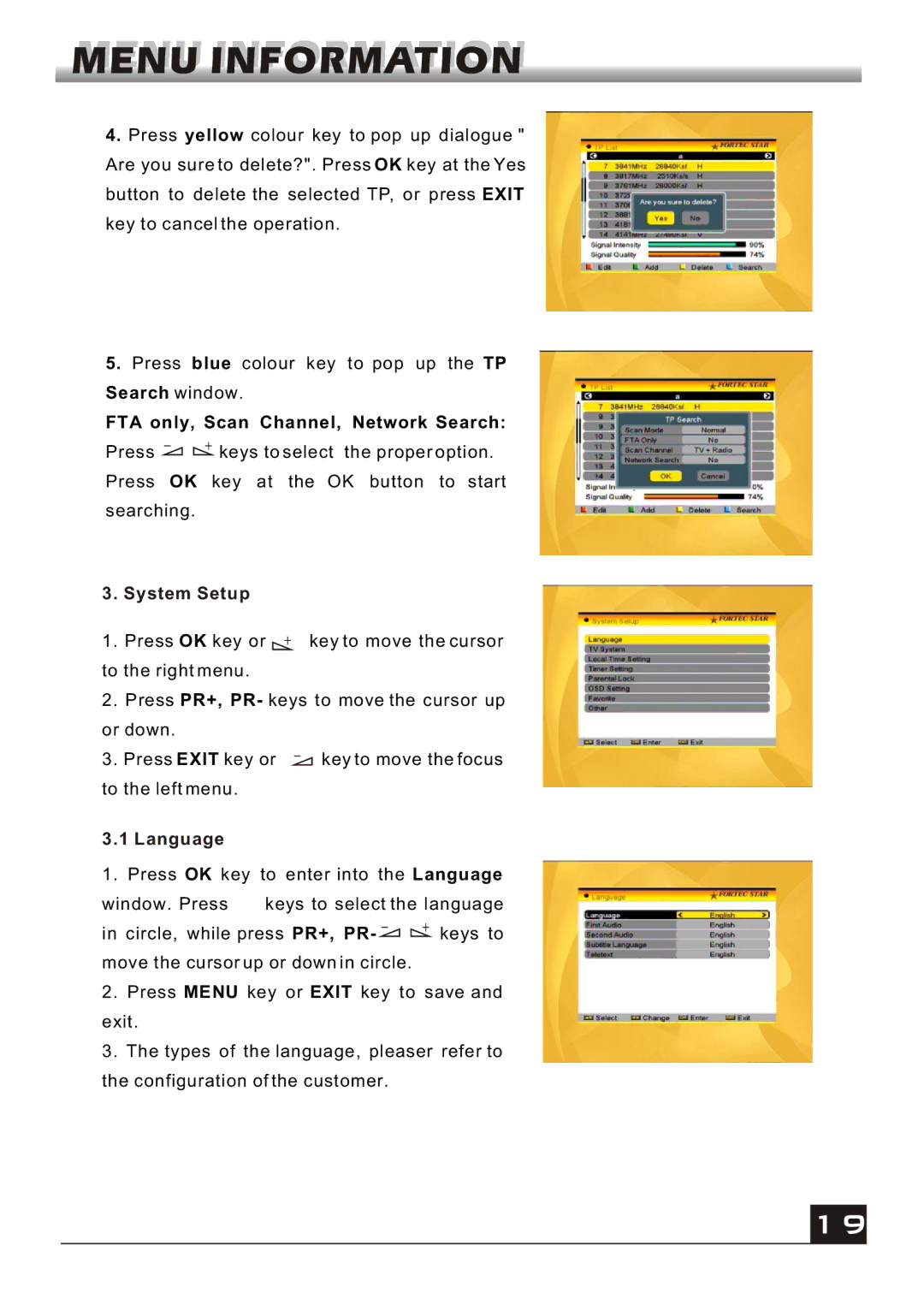 Fortec FS-4400 manual FTA only, Scan Channel, Network Search, System Setup, Language 