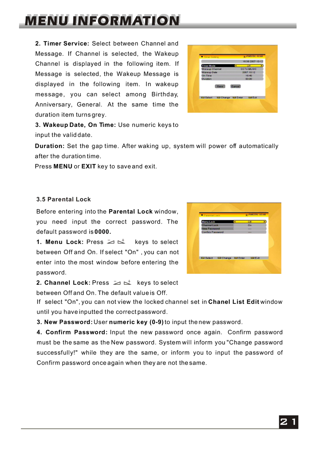 Fortec FS-4400 manual Parental Lock, Menu Lock Press, New Password User numeric key 0-9 to input the new password 