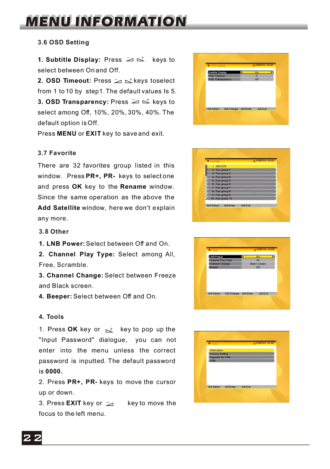 Fortec FS-4400 manual OSD Setting, Favorite, Other, Tools 