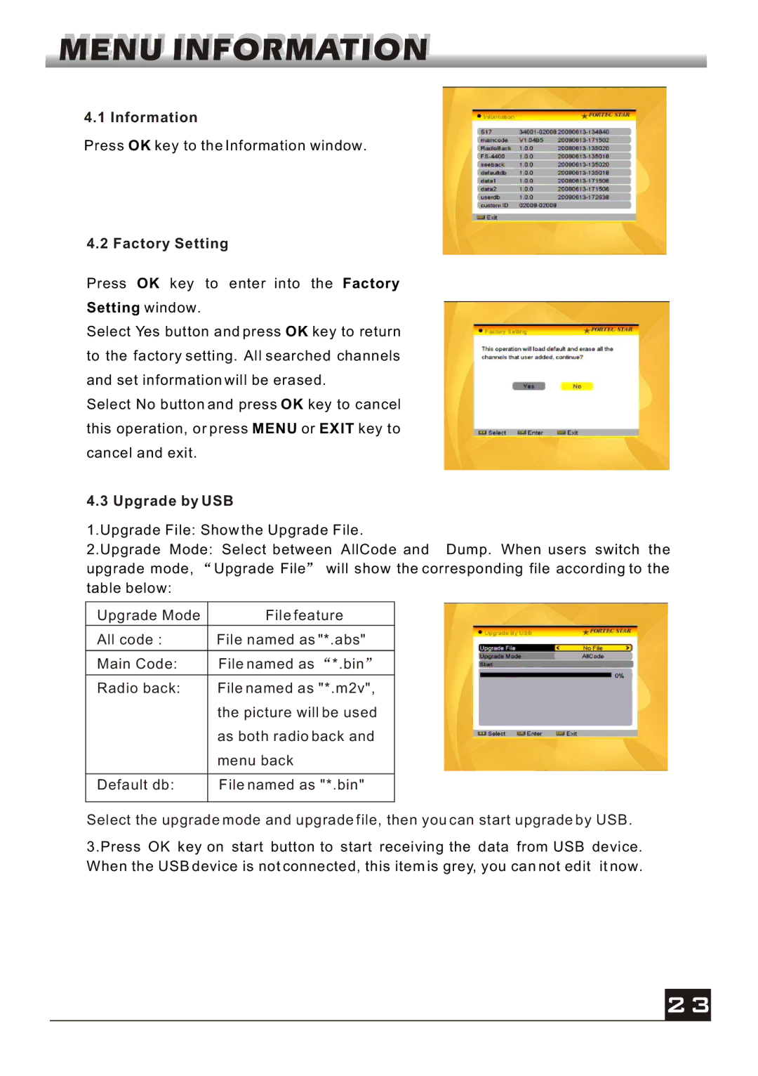 Fortec FS-4400 manual Information, Factory Setting, Setting window, Upgrade by USB 