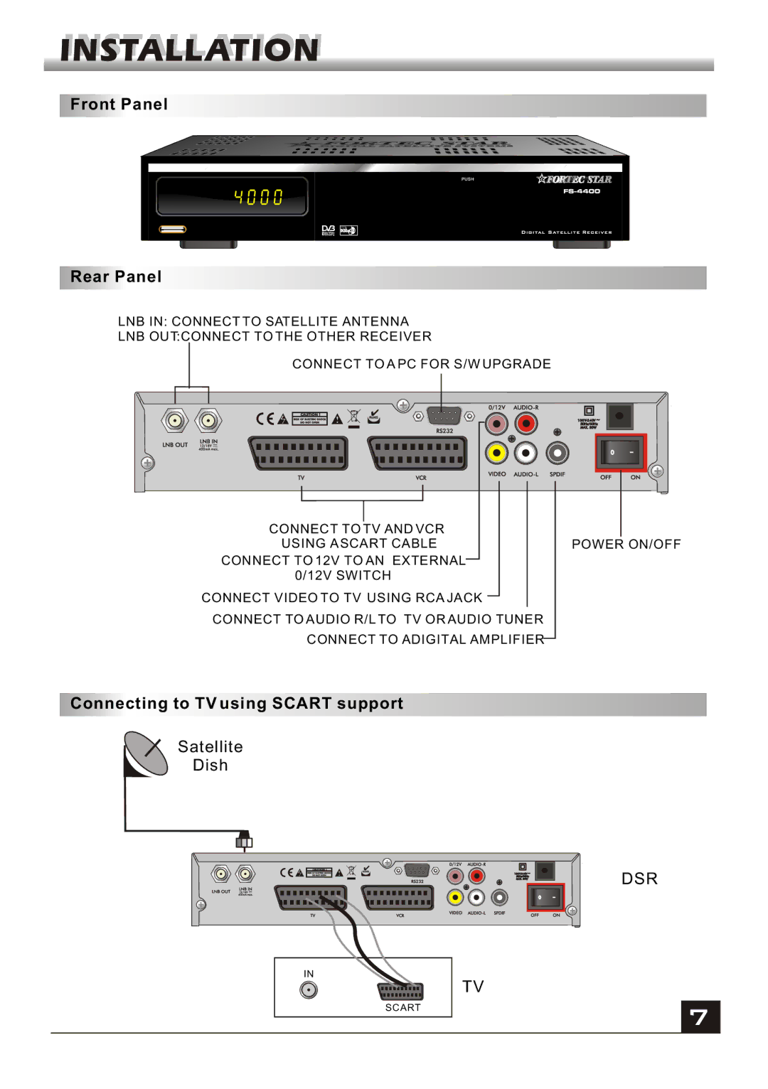 Fortec FS-4400 manual Connecting to TV using Scart support 