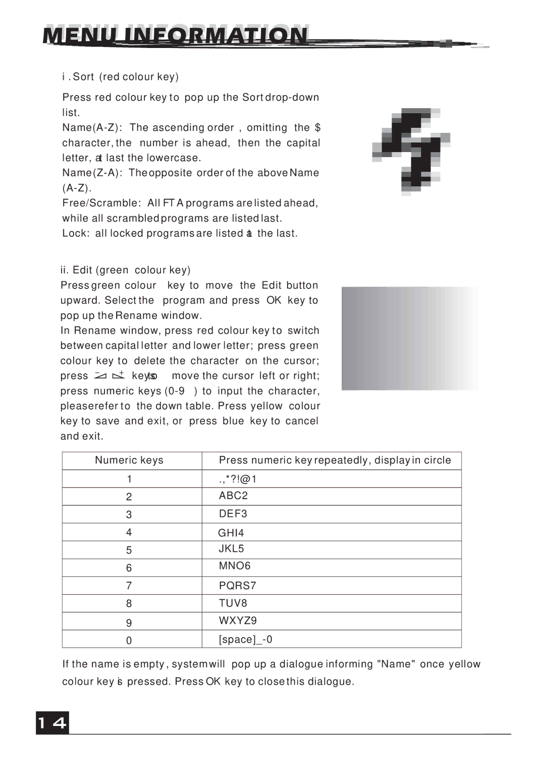 Fortec FSHD-4700 manual Sort red colour key, Ii. Edit green, Rename, Press numeric keys, Yellow 