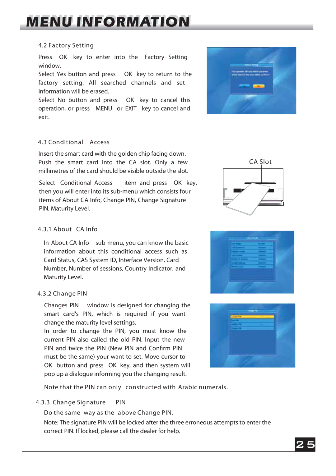 Fortec FSHD-4700 manual Factory Setting, Conditional Access, About CA Info, Change PIN, Change Signature PIN 