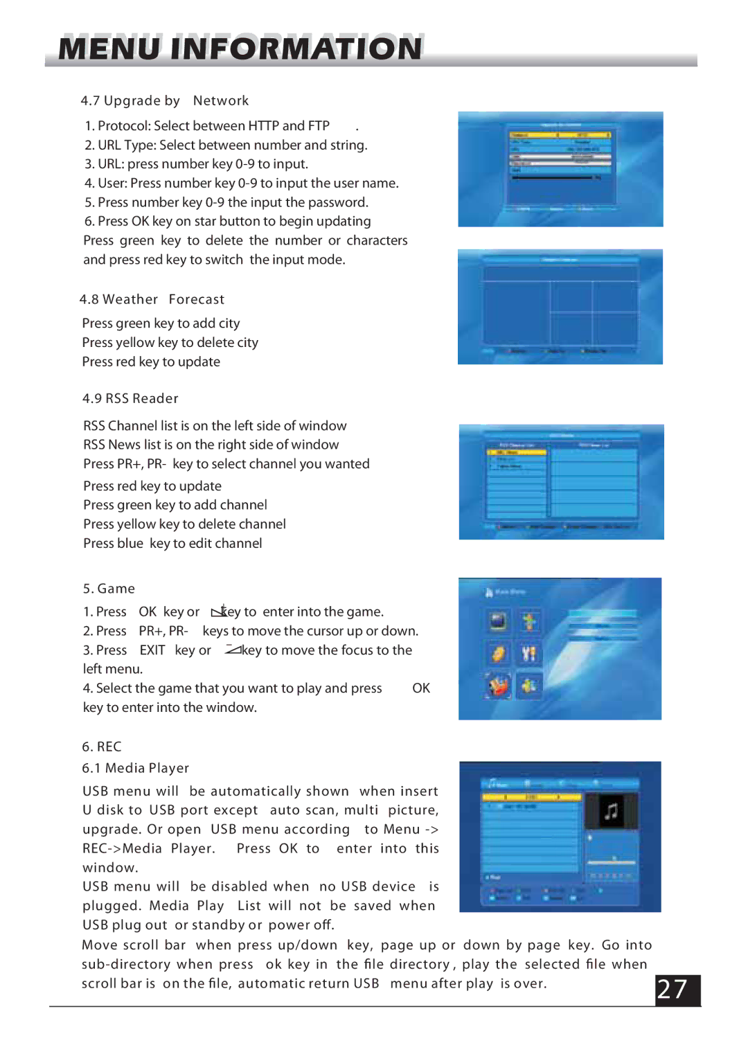 Fortec FSHD-4700 manual Upgrade by Network, Weather Forecast, RSS Reader, REC Media Player 