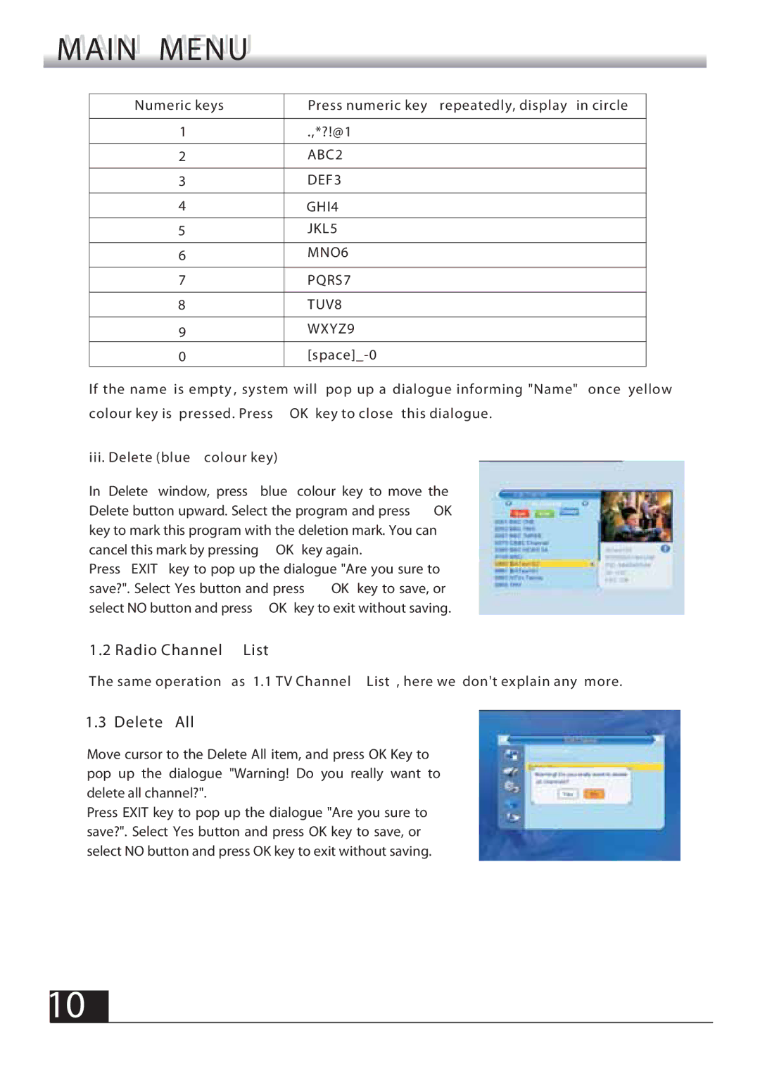 Fortec FSHDT-3300 manual Radio Channel List, Delete All, Iii. Delete blue colour key 