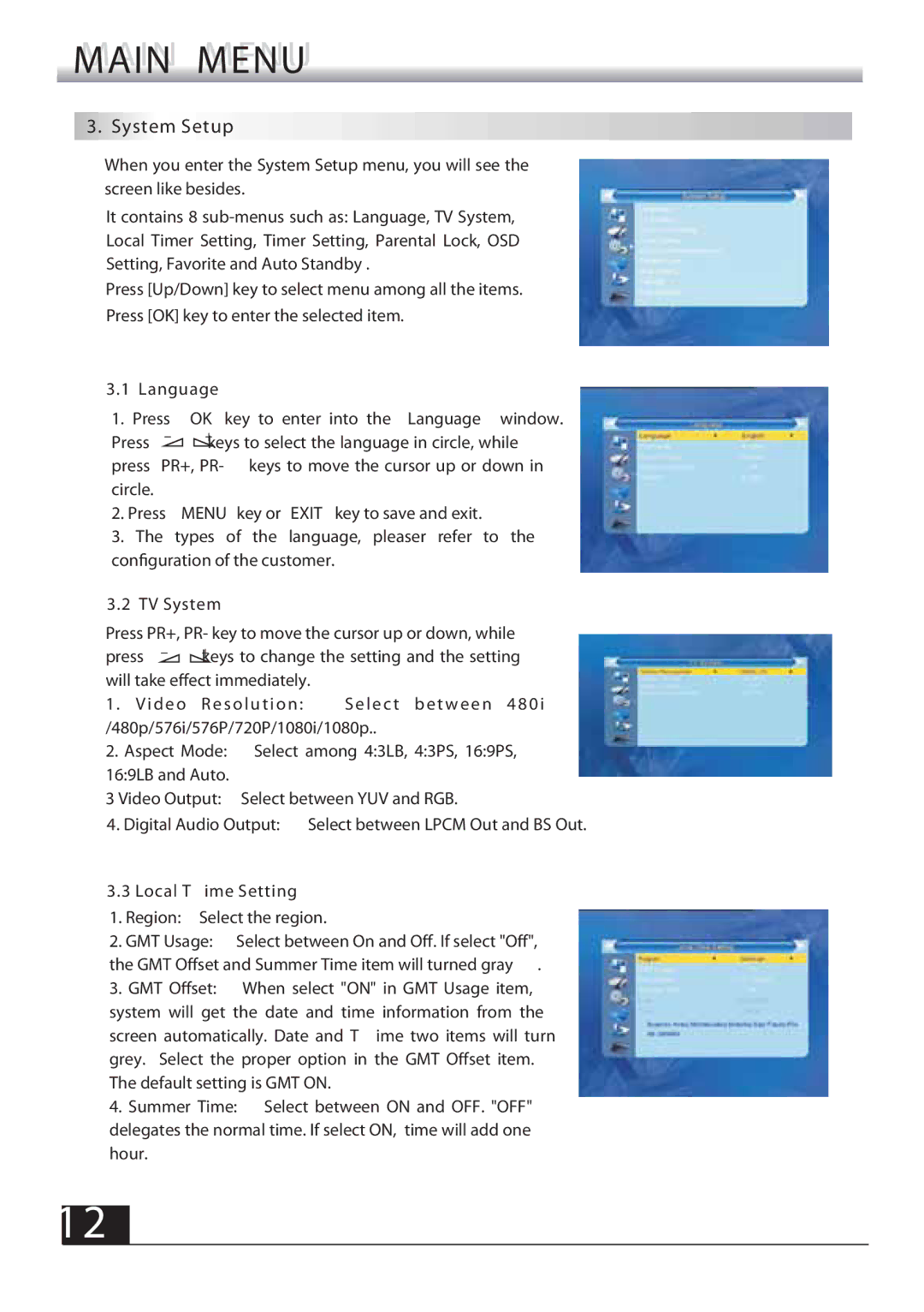 Fortec FSHDT-3300 manual System Setup, TV System, Video Resolution, Local T ime Setting 