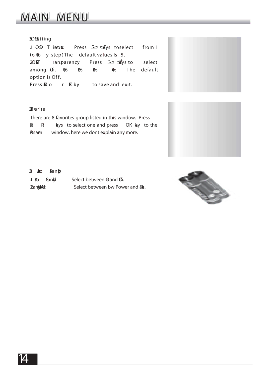 Fortec FSHDT-3300 manual OSD Setting OSD T imeout Press, OSD T ransparency, Favorite, Auto Standby 