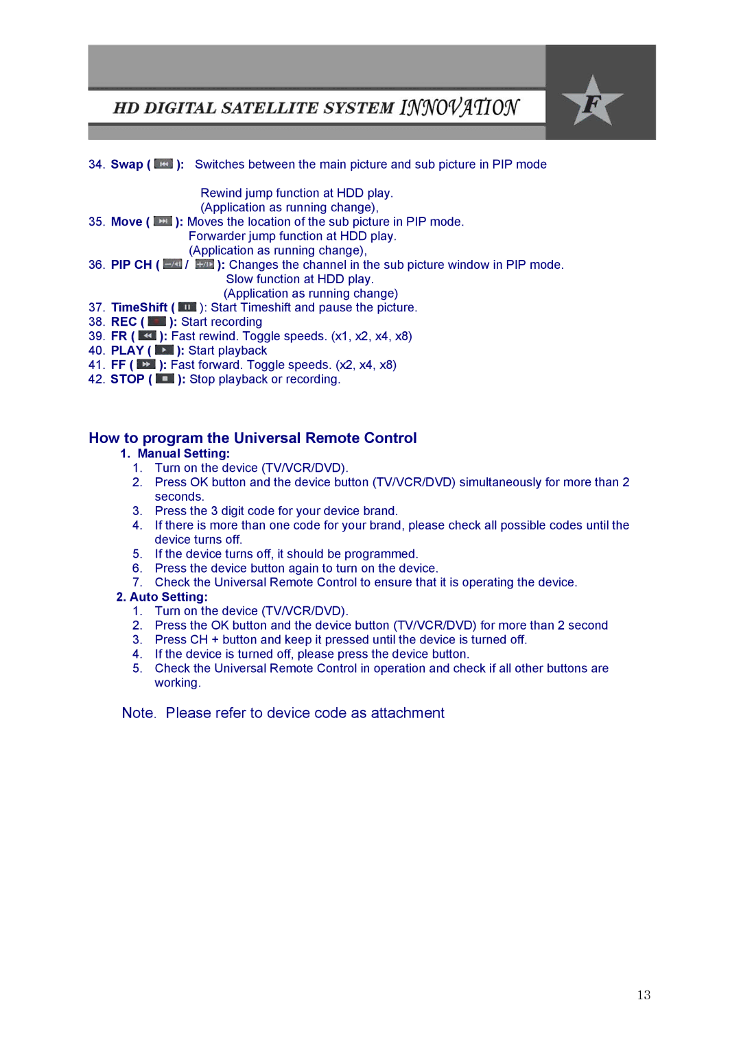 Fortec Innovation manual How to program the Universal Remote Control, Manual Setting, Auto Setting 