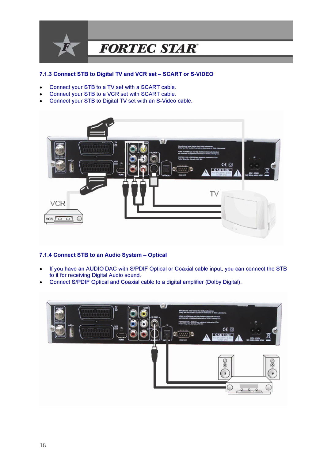 Fortec Innovation manual Connect STB to Digital TV and VCR set Scart or S-VIDEO, Connect STB to an Audio System Optical 