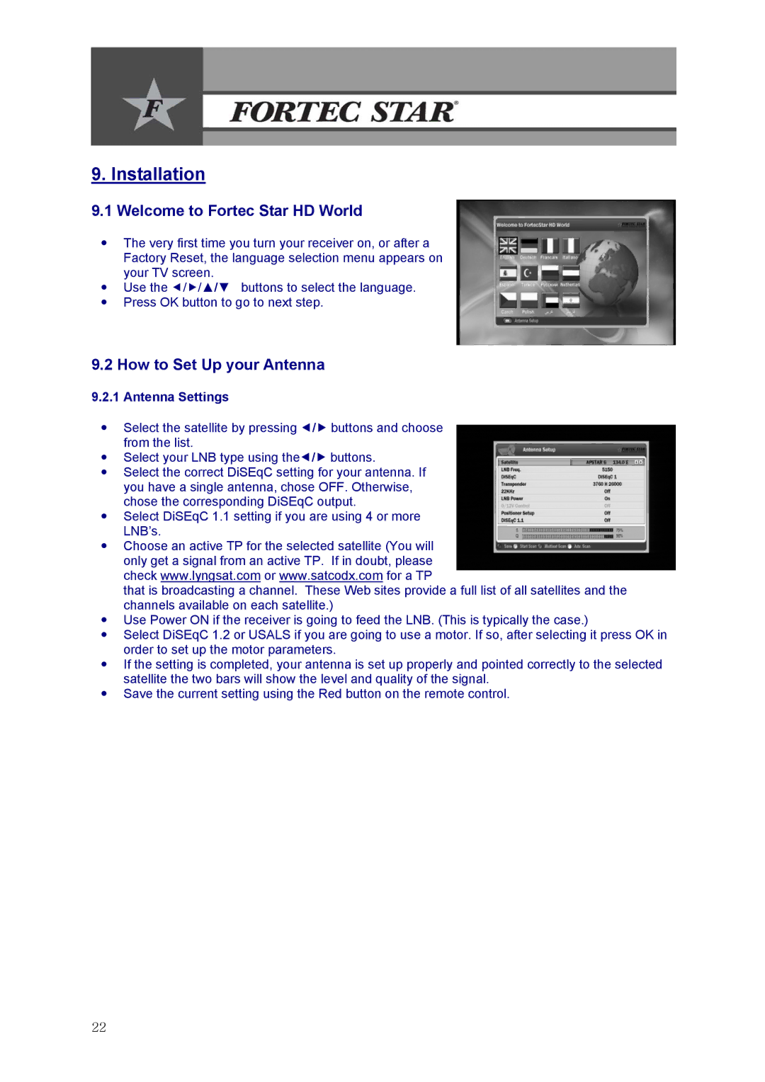 Fortec Innovation manual Installation, Welcome to Fortec Star HD World, How to Set Up your Antenna, Antenna Settings 