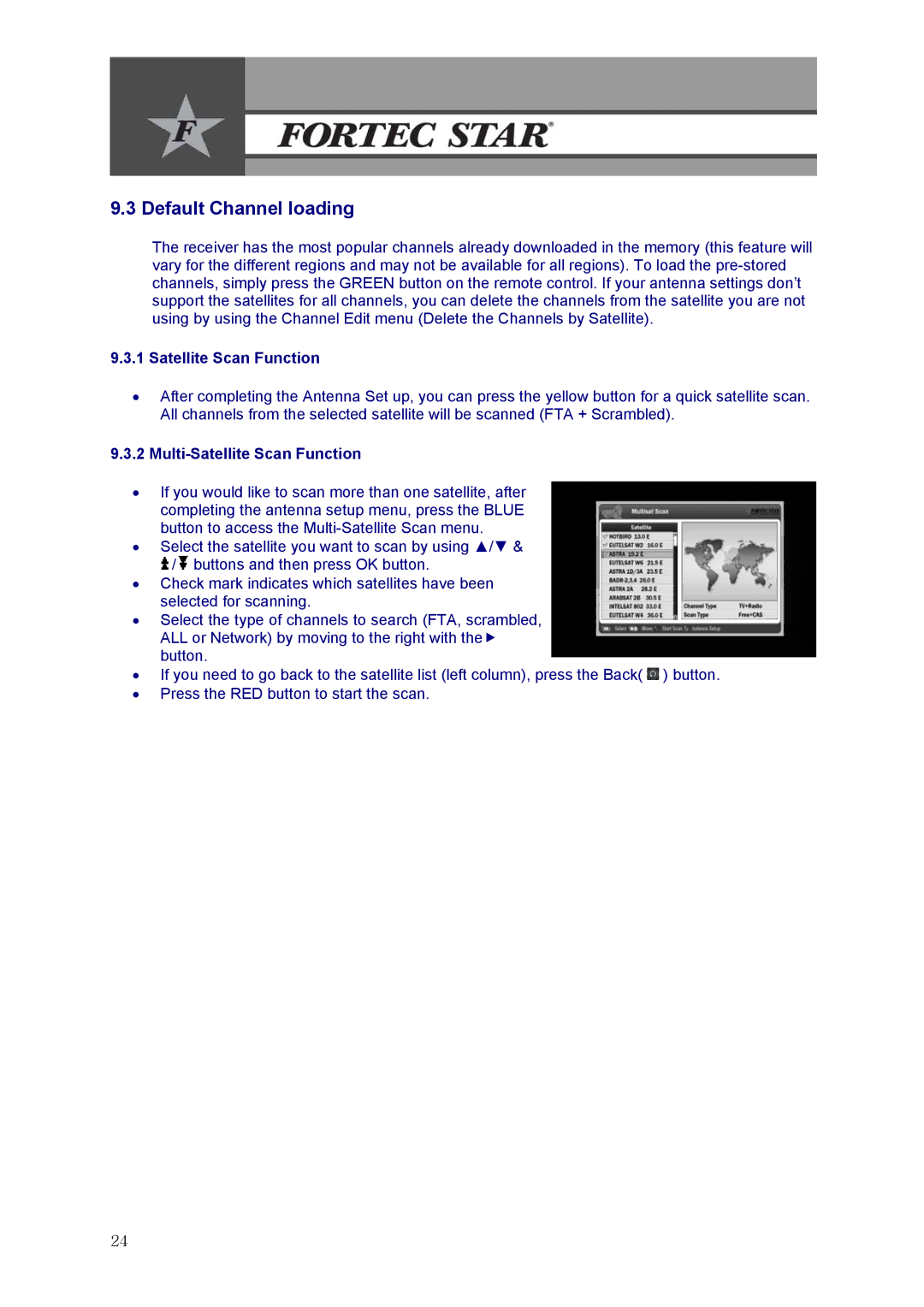 Fortec Innovation manual Default Channel loading, Multi-Satellite Scan Function 