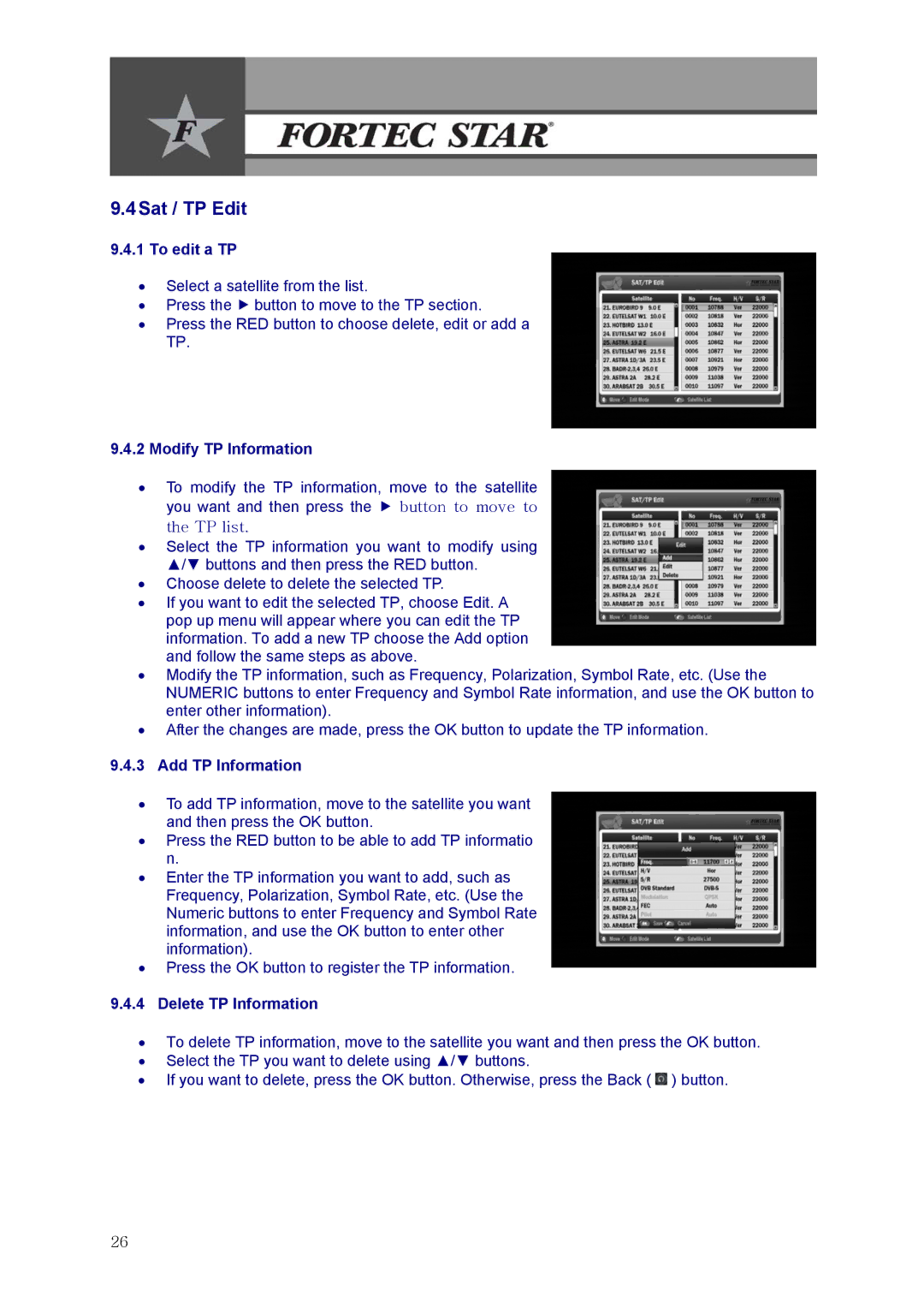 Fortec Innovation manual 4Sat / TP Edit, To edit a TP, Modify TP Information, Add TP Information, Delete TP Information 