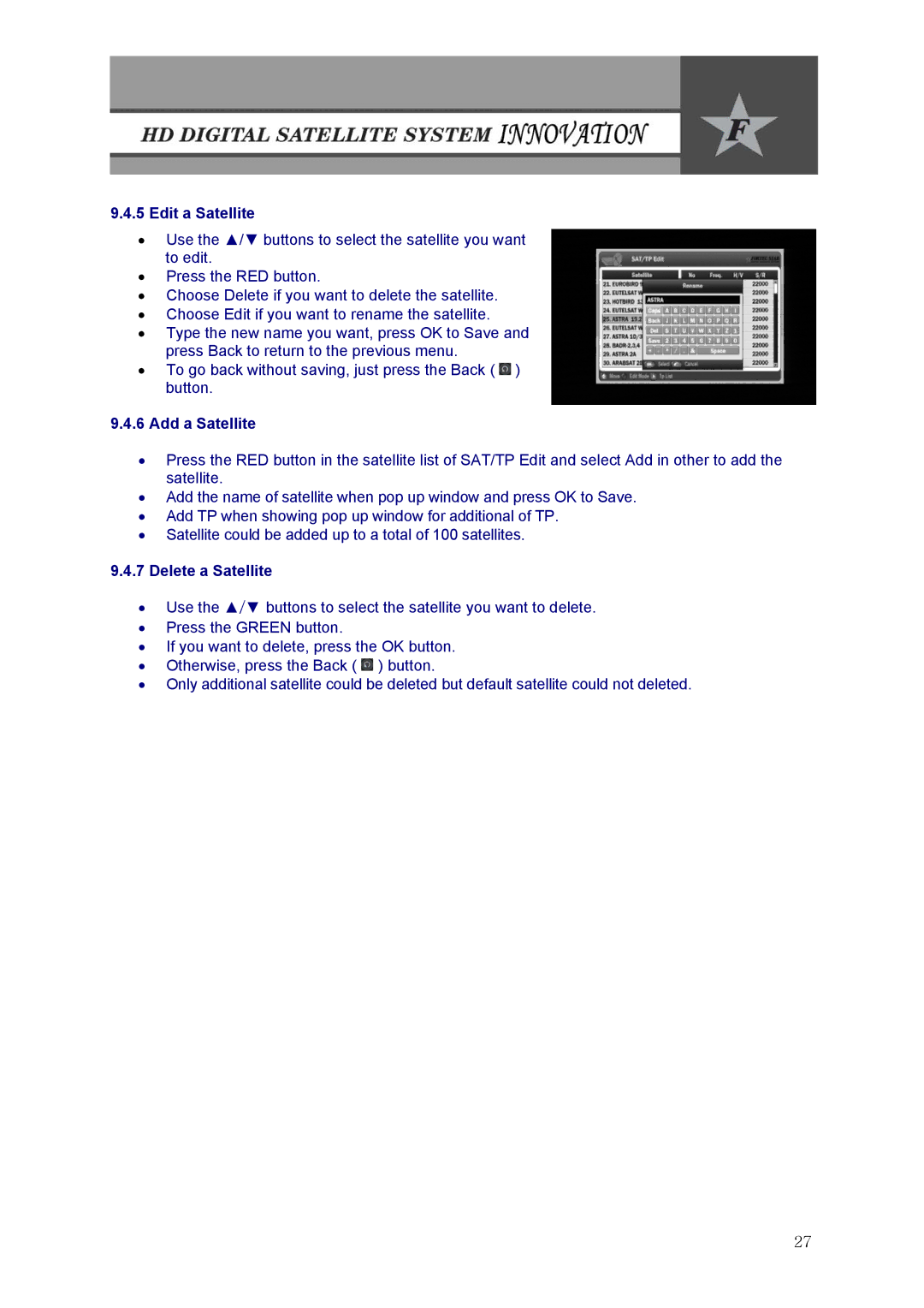 Fortec Innovation manual Edit a Satellite, Add a Satellite, Delete a Satellite 