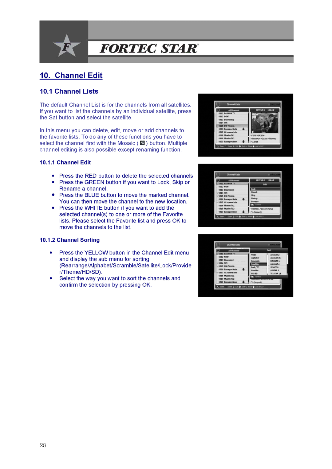 Fortec Innovation manual Channel Edit, Channel Lists, Channel Sorting 