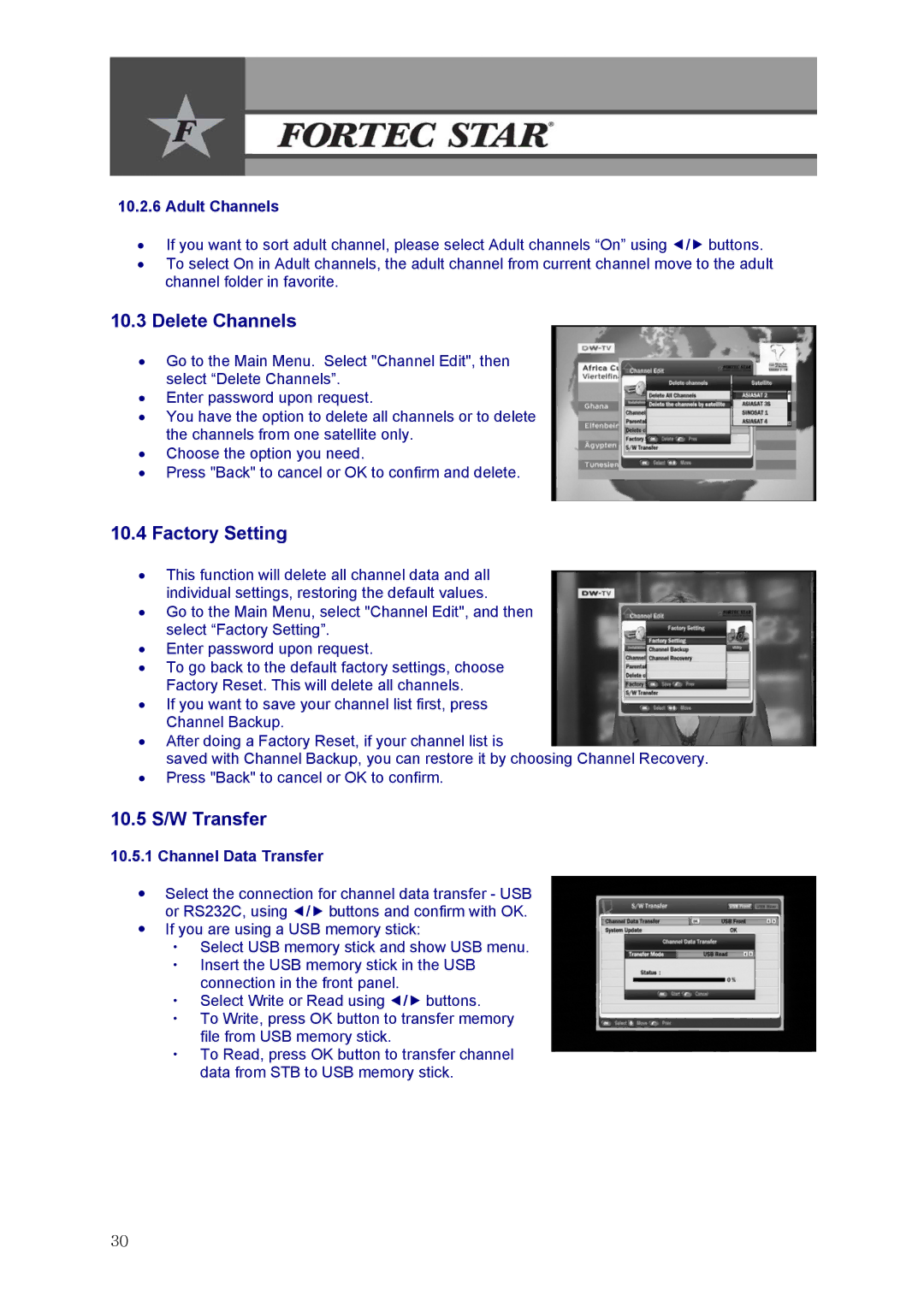 Fortec Innovation manual Delete Channels, Factory Setting, 10.5 S/W Transfer, Adult Channels, Channel Data Transfer 