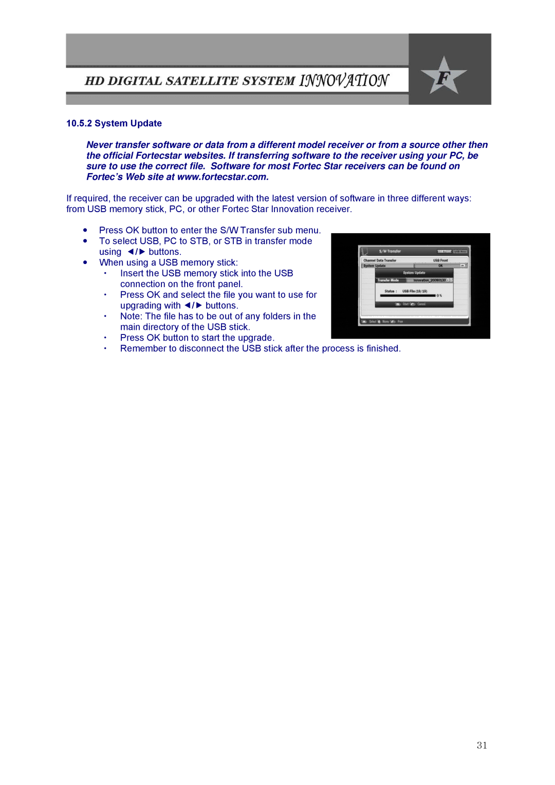 Fortec Innovation manual System Update 