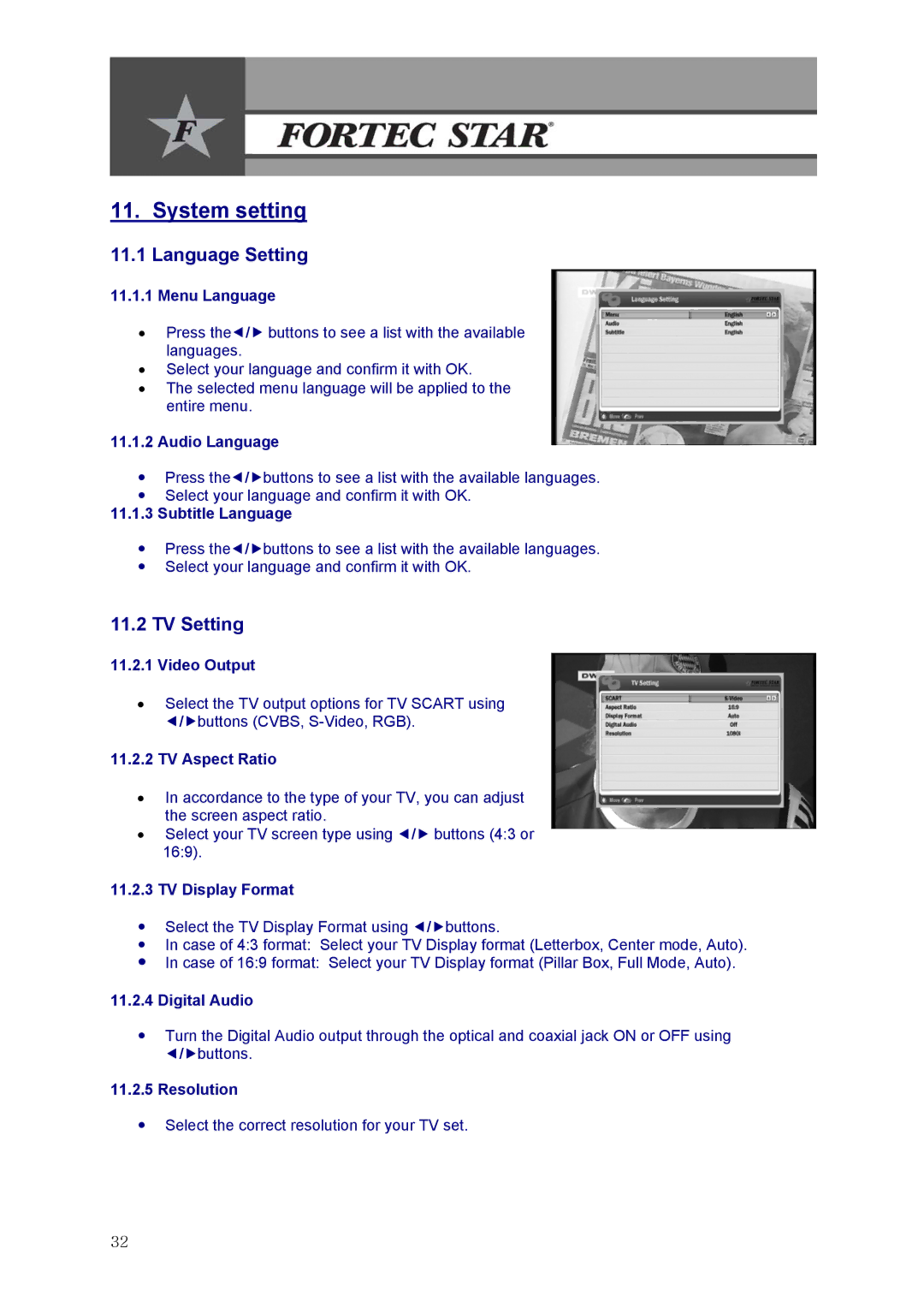 Fortec Innovation manual System setting, Language Setting, TV Setting 