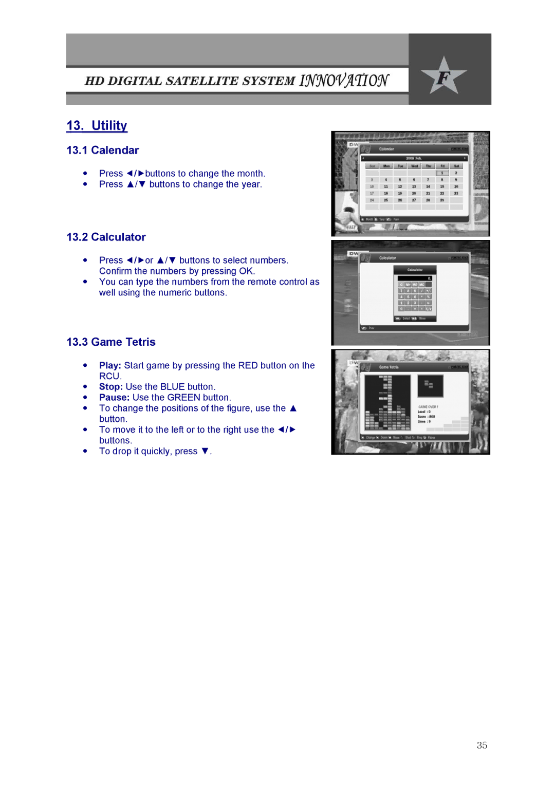 Fortec Innovation manual Utility, Calendar, Calculator, Game Tetris 