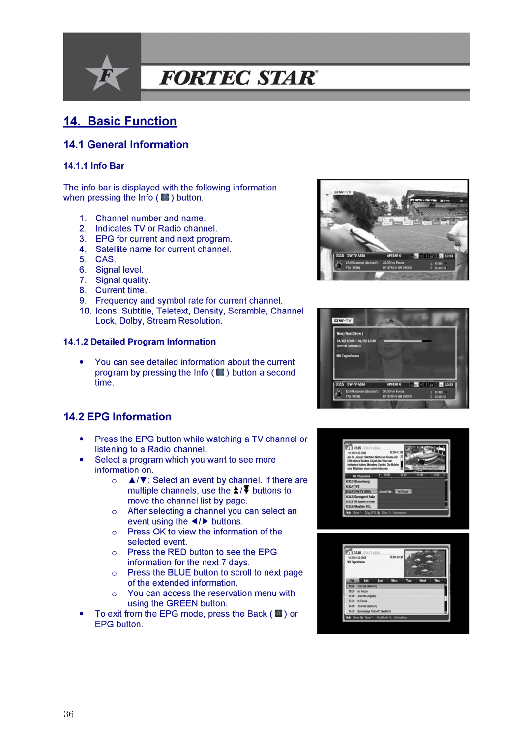 Fortec Innovation manual Basic Function, General Information, EPG Information, Info Bar, Detailed Program Information 