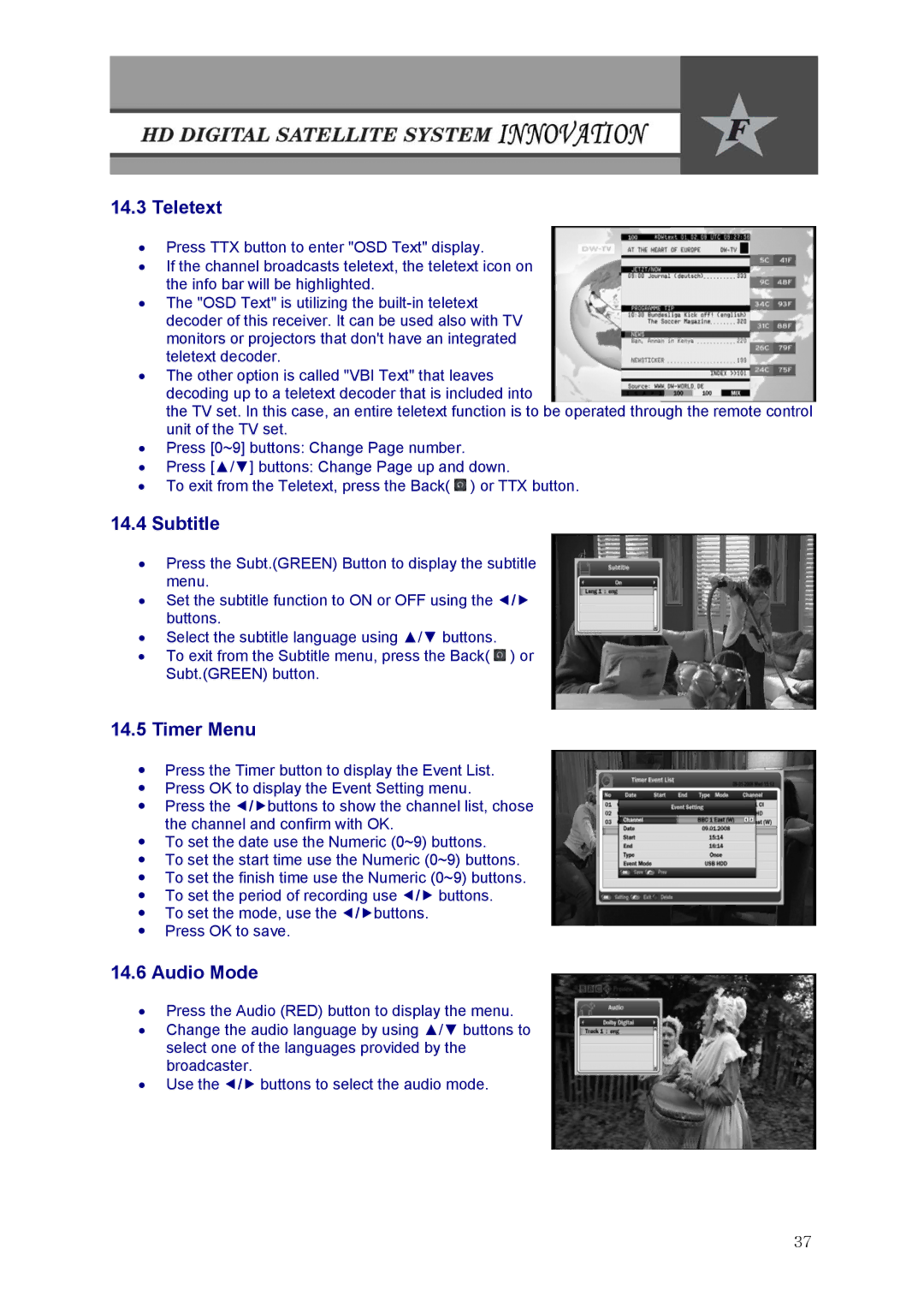 Fortec Innovation manual Teletext, Subtitle, Timer Menu, Audio Mode 