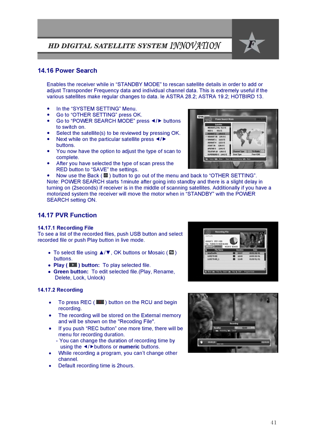 Fortec Innovation manual Power Search, PVR Function, Recording 