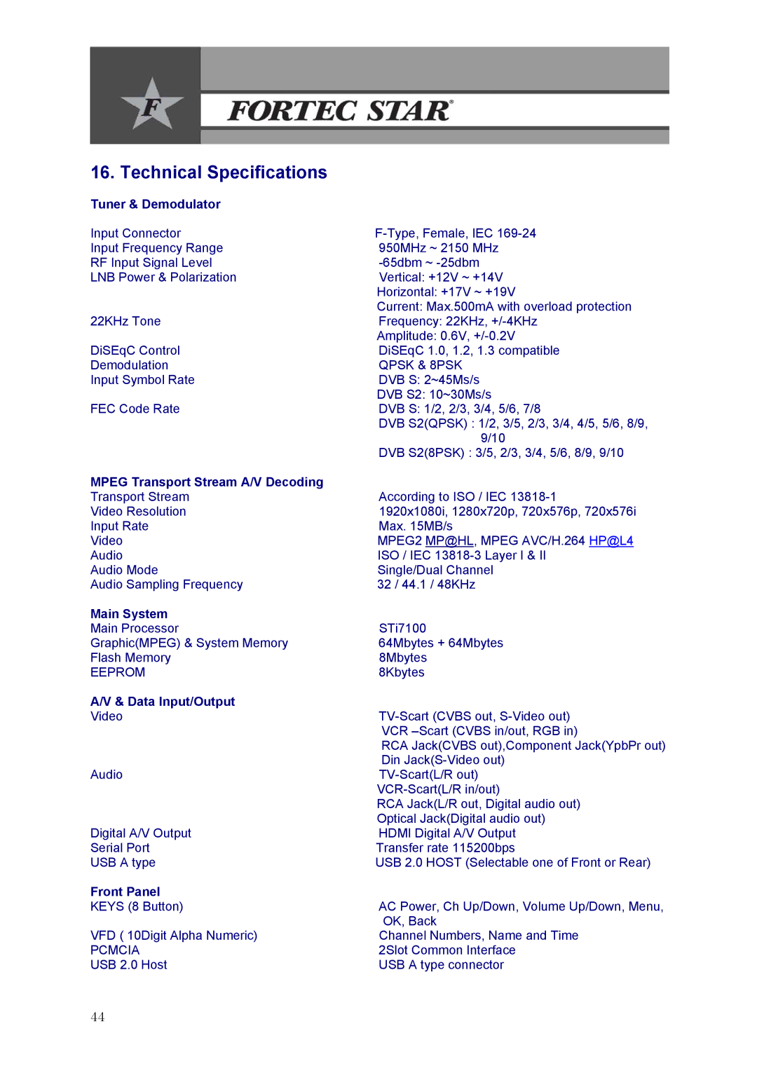 Fortec Innovation manual Technical Specifications 