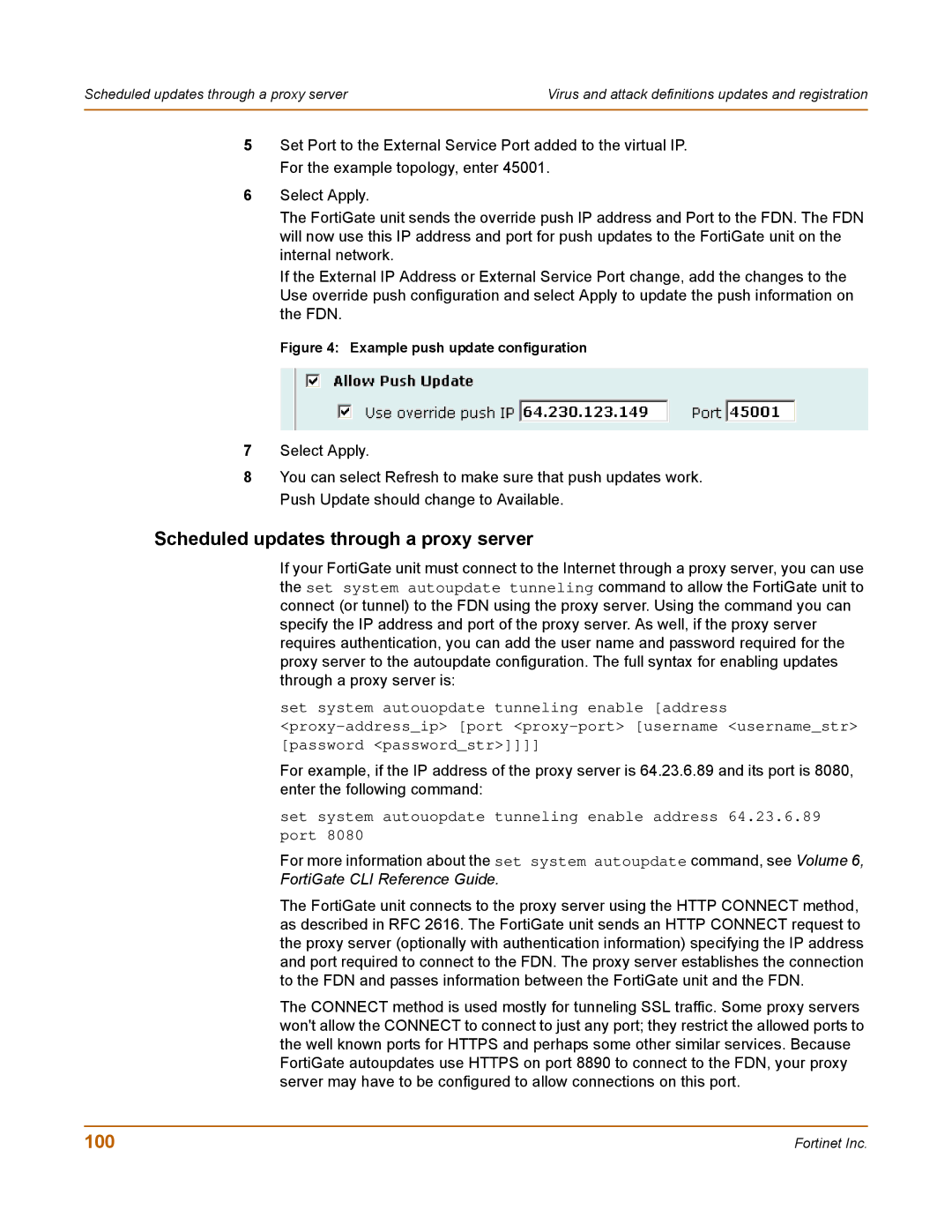 Fortinet 100 user manual Scheduled updates through a proxy server 