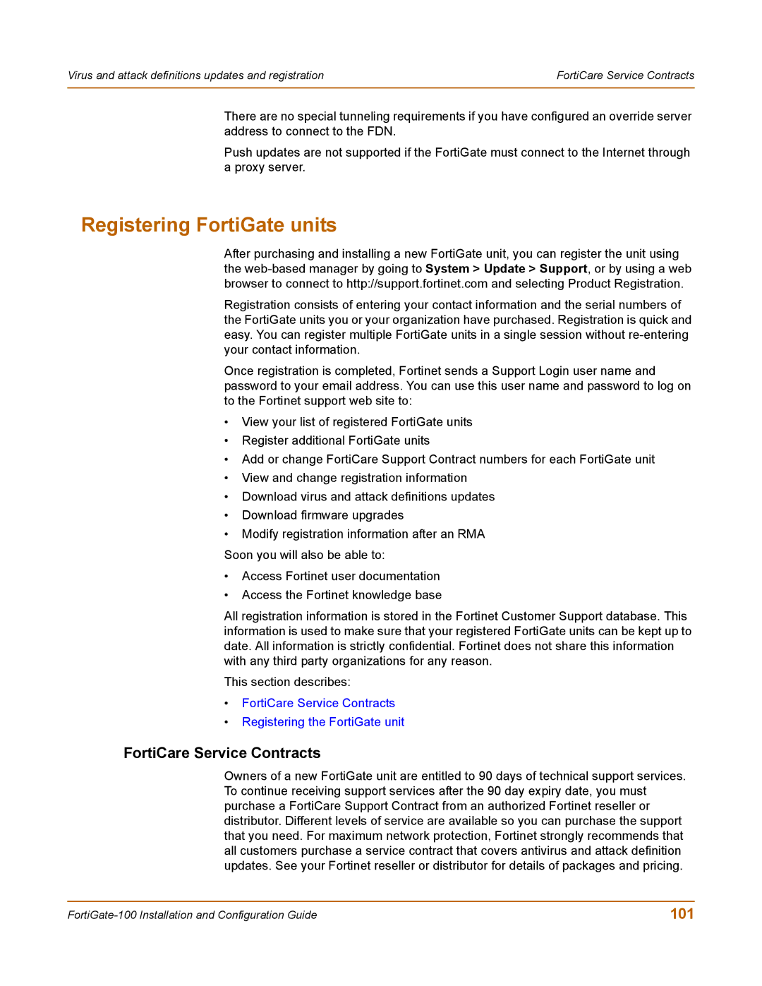 Fortinet 100 user manual Registering FortiGate units, FortiCare Service Contracts, 101 