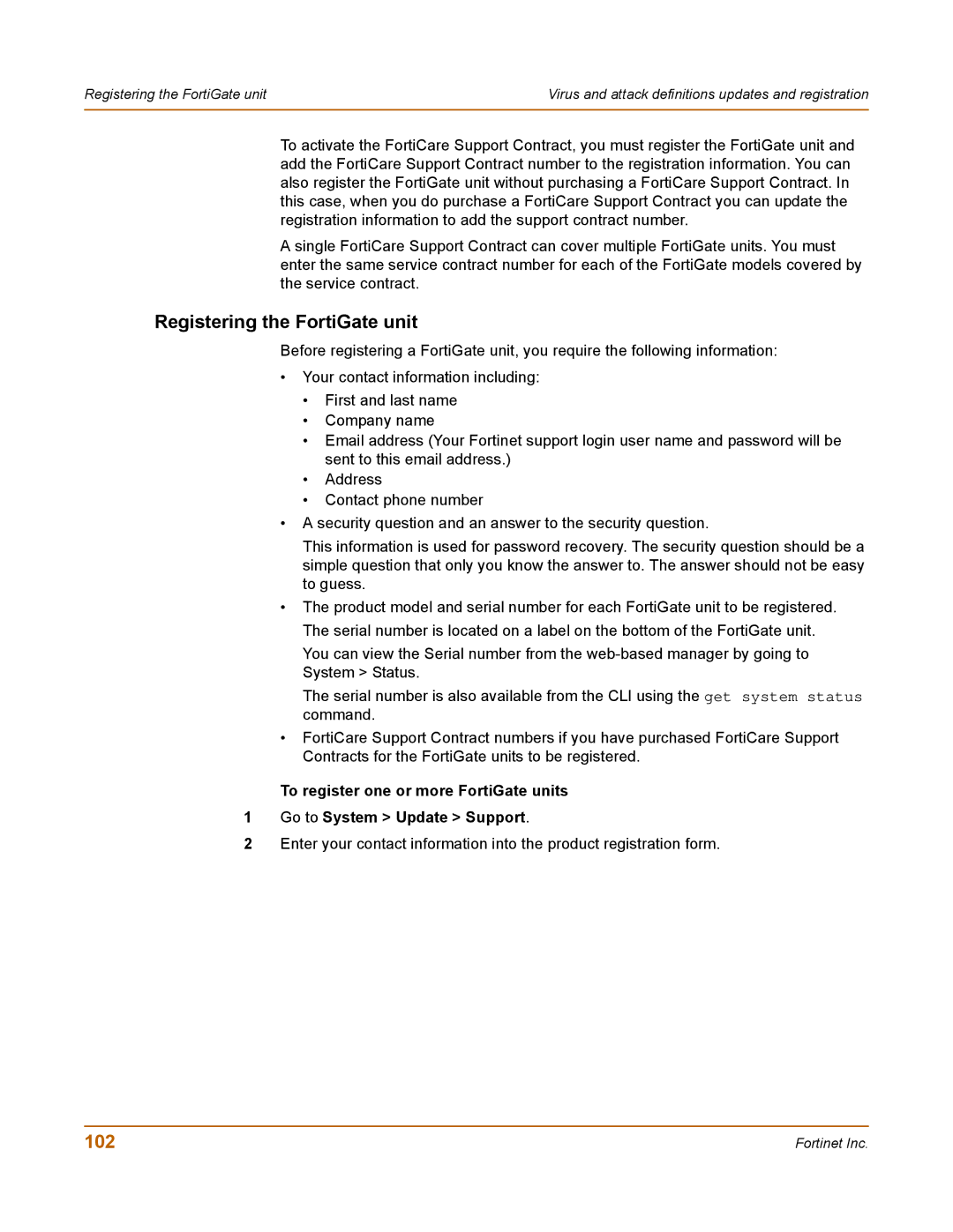 Fortinet 100 user manual Registering the FortiGate unit, 102 