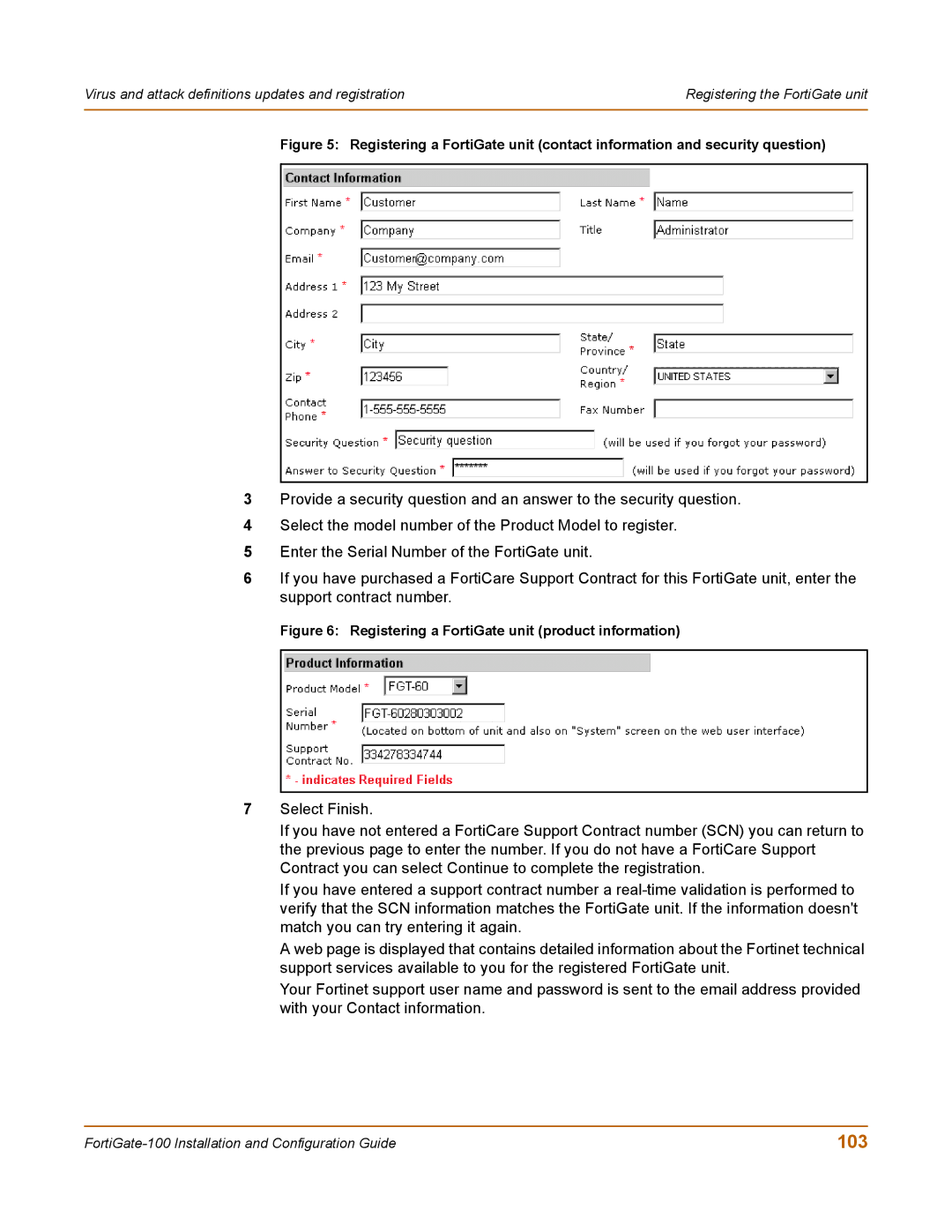 Fortinet 100 user manual 103, Registering a FortiGate unit product information 