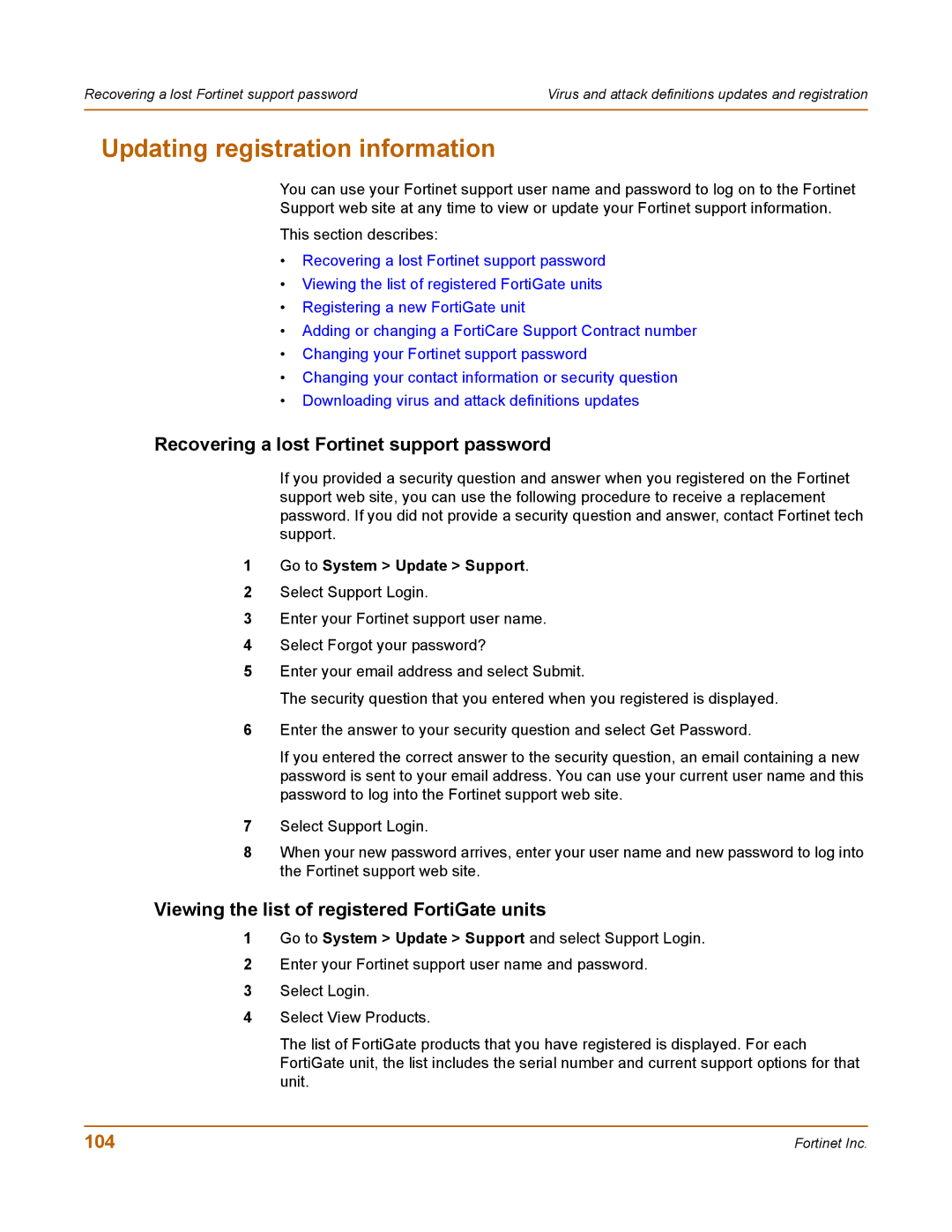 Fortinet 100 user manual Updating registration information, Recovering a lost Fortinet support password, 104 