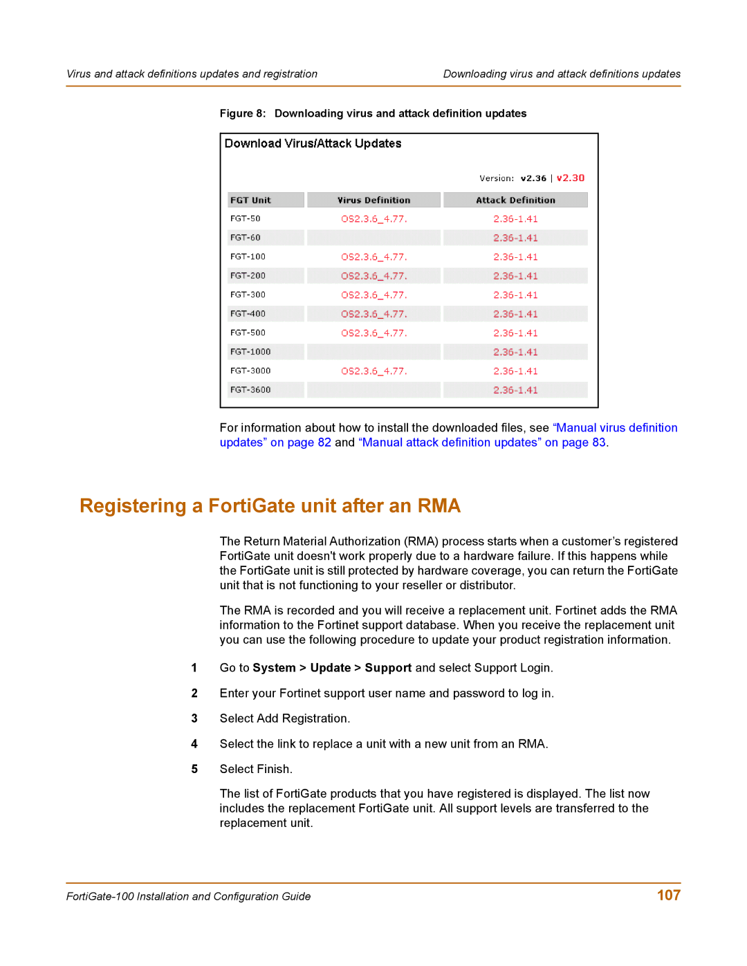 Fortinet 100 user manual Registering a FortiGate unit after an RMA, 107 