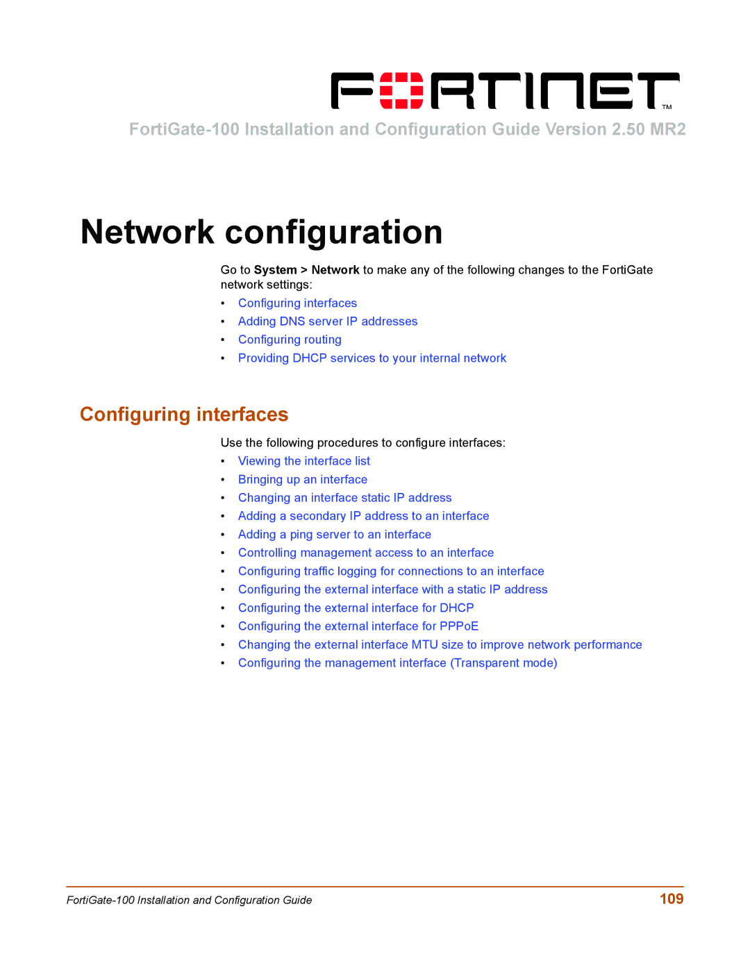 Fortinet 100 user manual Network configuration, Configuring interfaces, 109 