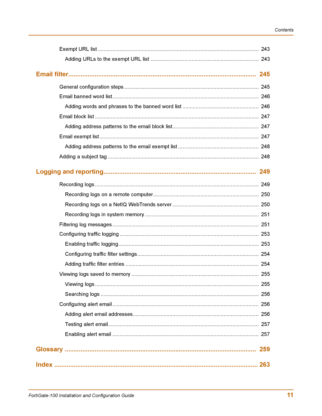 Fortinet 100 user manual Glossary 259 Index 263 