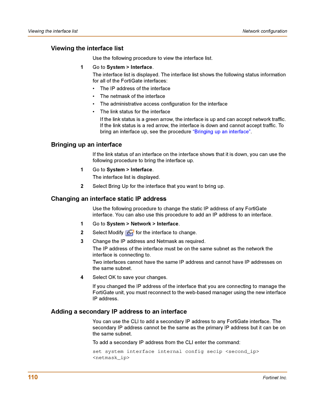 Fortinet 100 user manual Viewing the interface list, Bringing up an interface, Changing an interface static IP address 