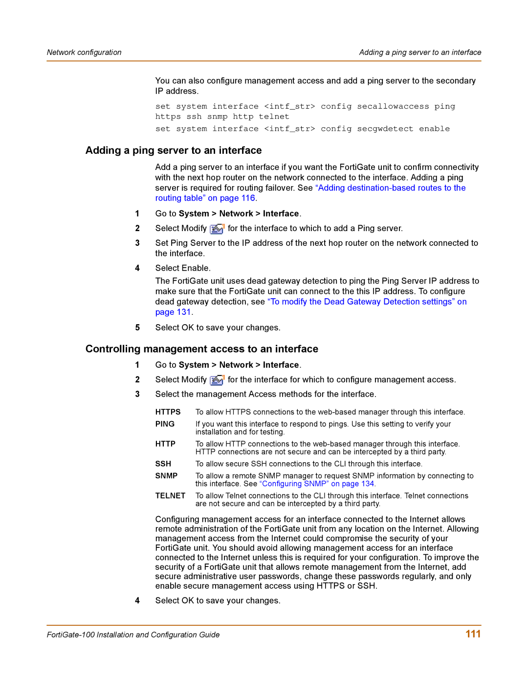 Fortinet 100 user manual Adding a ping server to an interface, Controlling management access to an interface, 111 