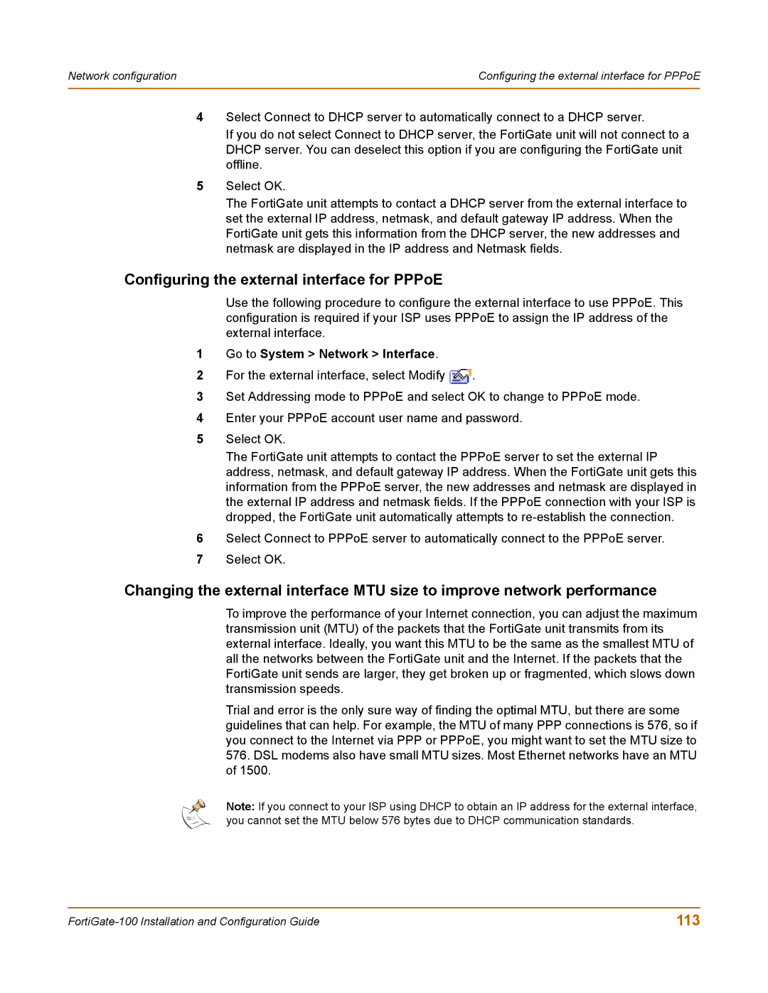 Fortinet 100 user manual Configuring the external interface for PPPoE, 113 