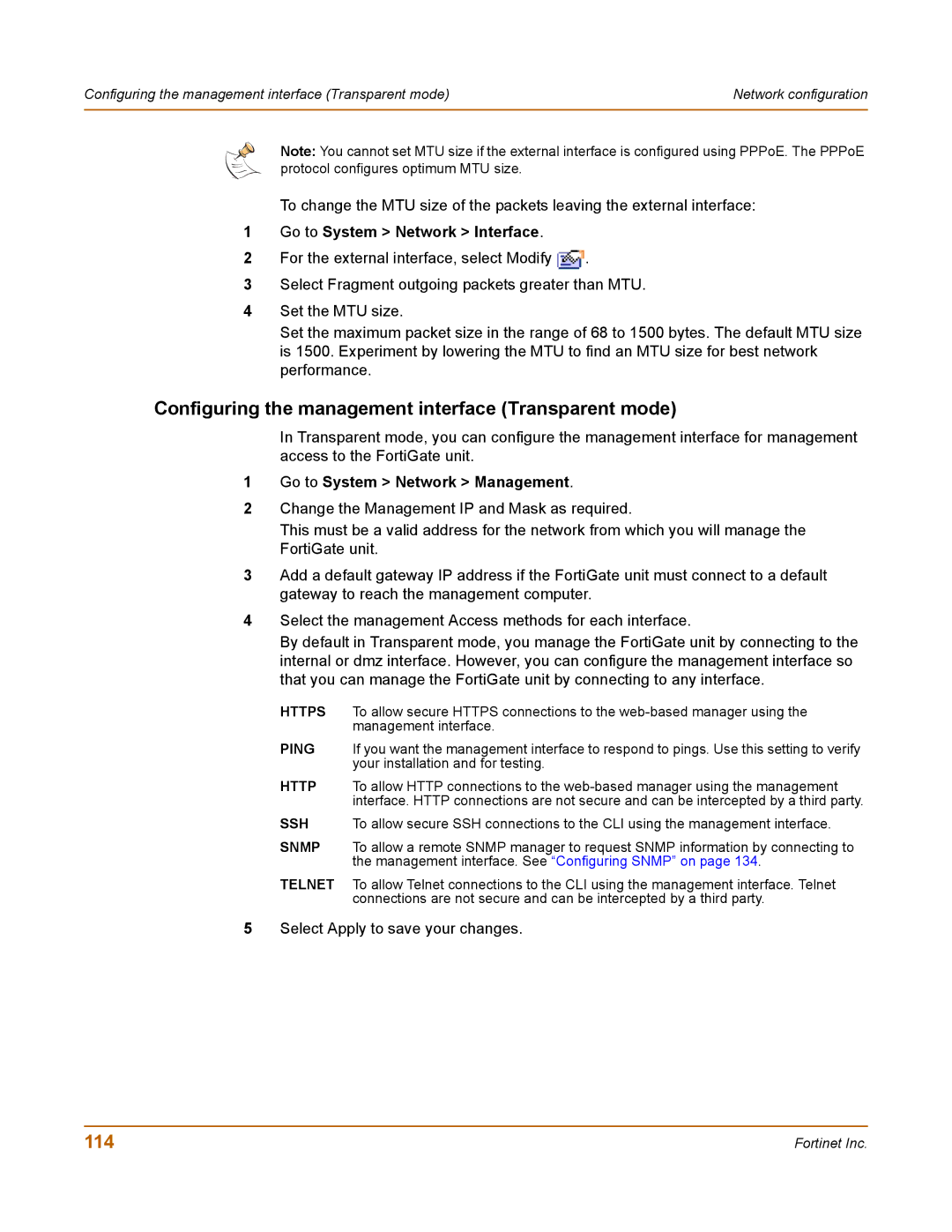 Fortinet 100 user manual Configuring the management interface Transparent mode, Go to System Network Management 