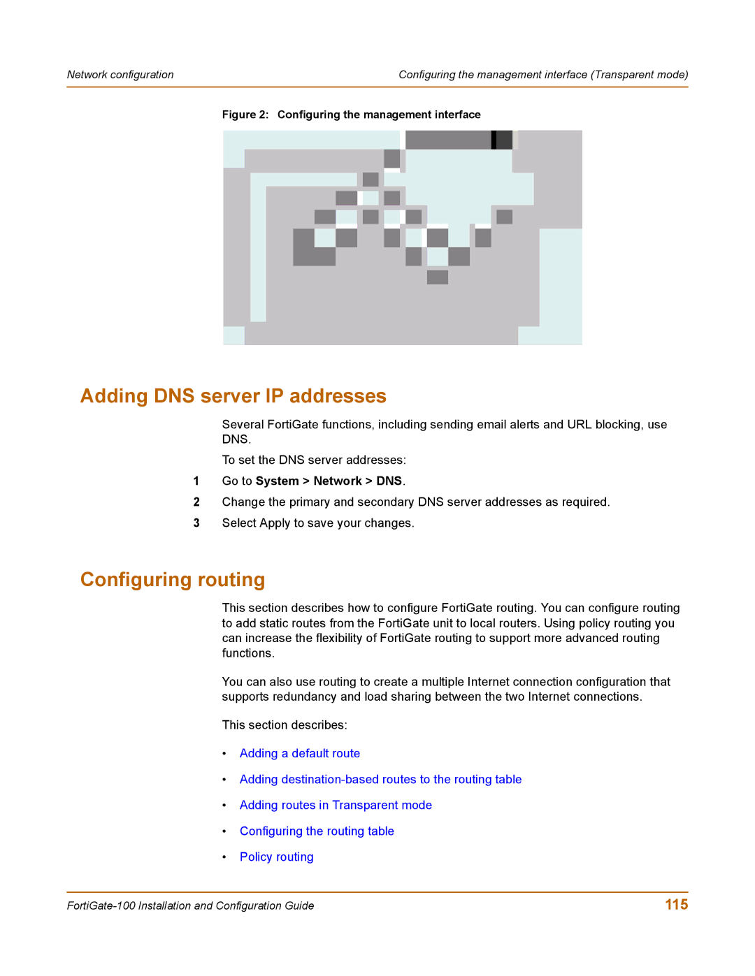 Fortinet 100 user manual Adding DNS server IP addresses, Configuring routing, 115, Go to System Network DNS 