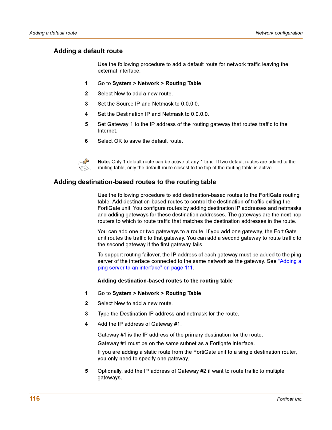 Fortinet 100 user manual Adding a default route, Adding destination-based routes to the routing table 