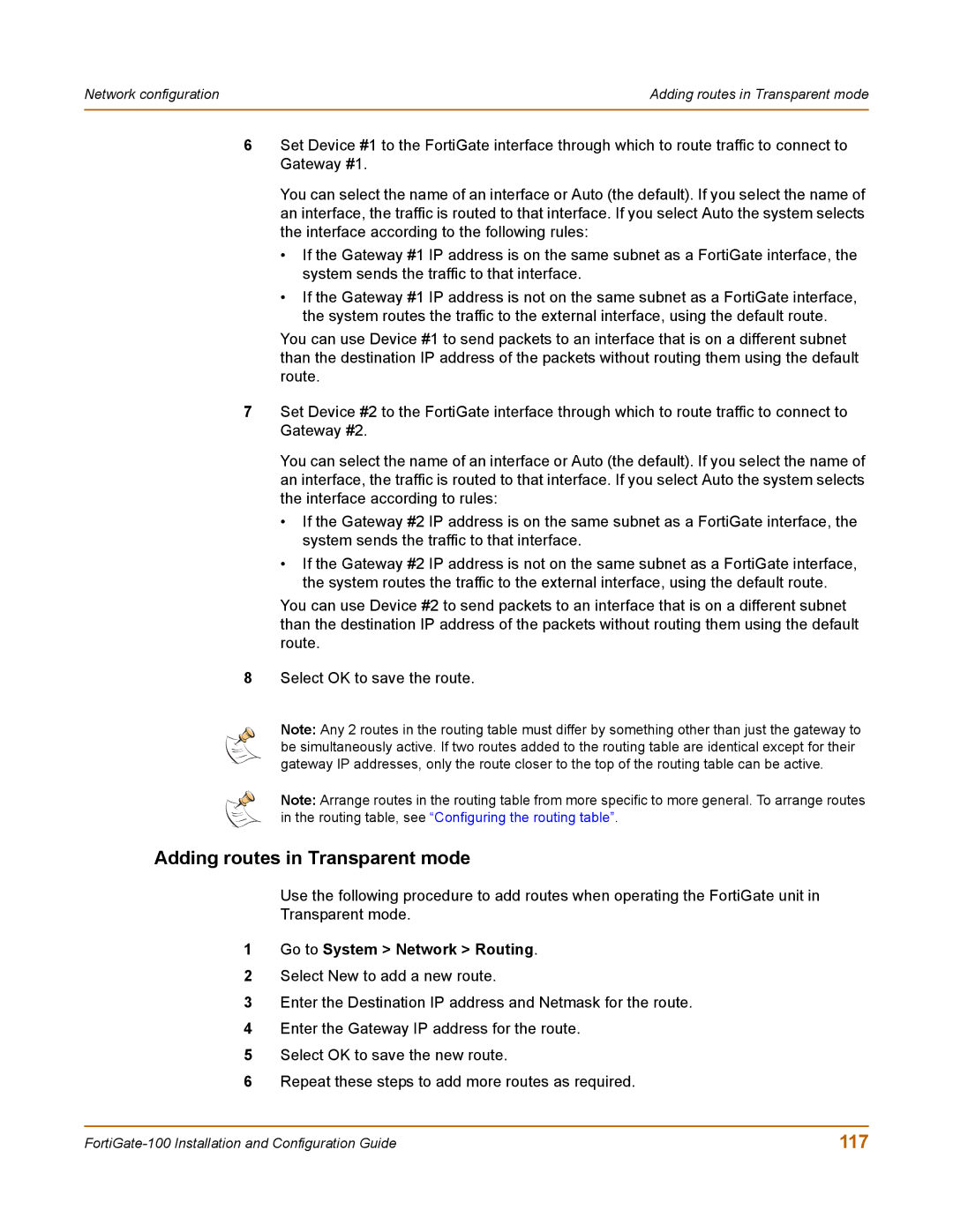 Fortinet 100 user manual Adding routes in Transparent mode, 117 