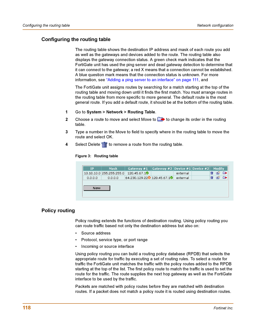 Fortinet 100 user manual Configuring the routing table, Policy routing 