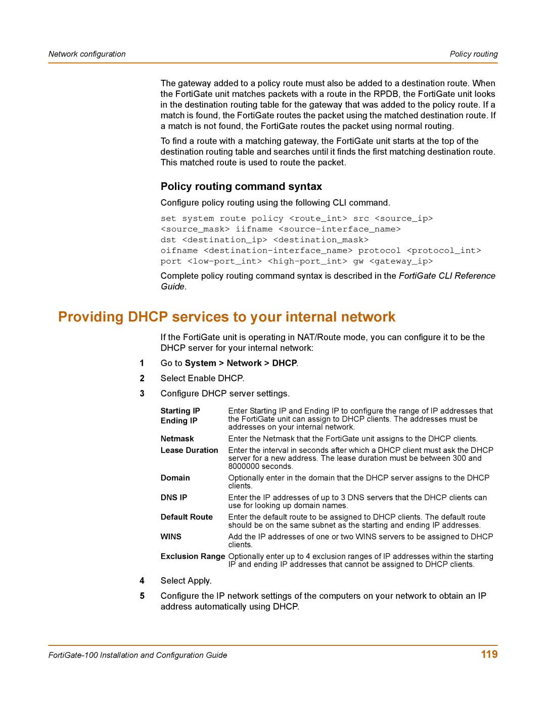 Fortinet 100 user manual Providing Dhcp services to your internal network, Policy routing command syntax, 119 