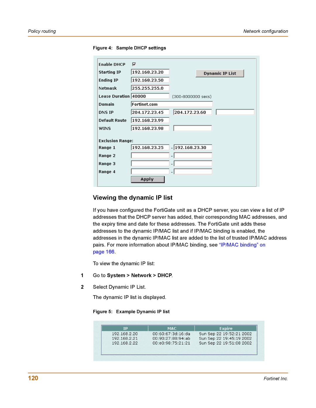 Fortinet 100 user manual Viewing the dynamic IP list, 120 